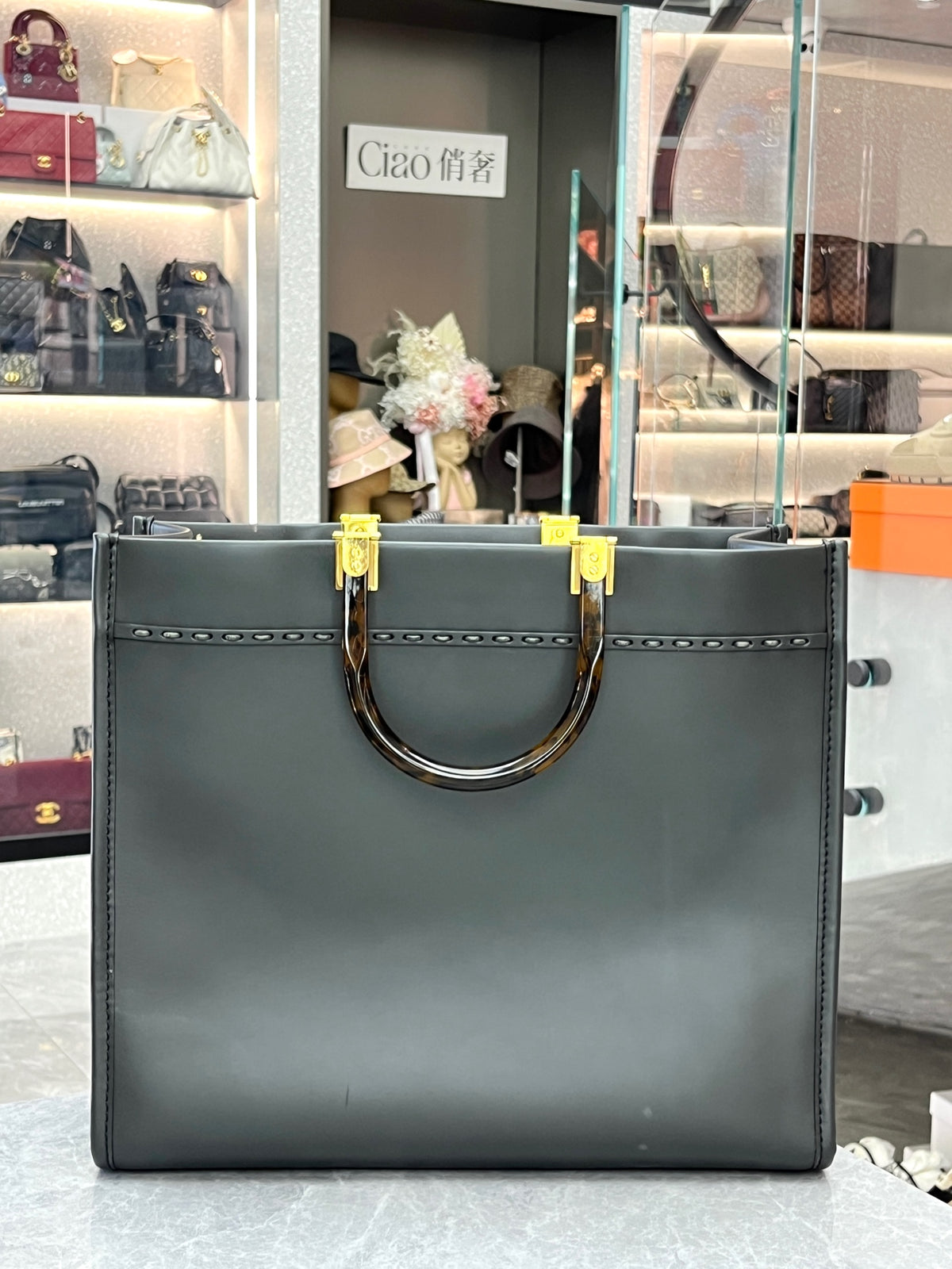 FENDI Sunshine Shopper – Black Leather with Tortoiseshell Handles and Crystal FENDI ROMA Lettering, Good Pre-Owned