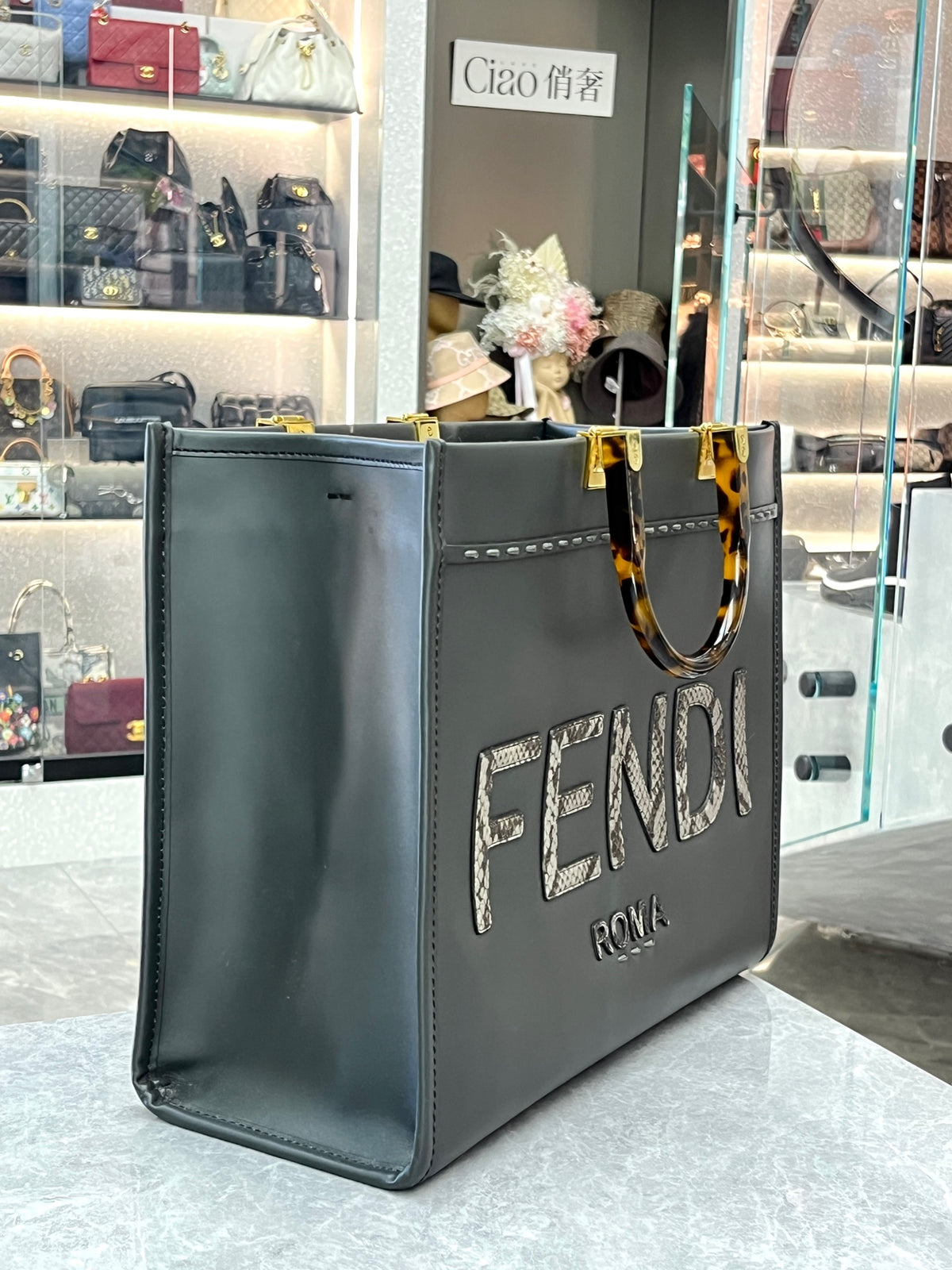 FENDI Sunshine Shopper – Black Leather with Tortoiseshell Handles and Crystal FENDI ROMA Lettering, Good Pre-Owned