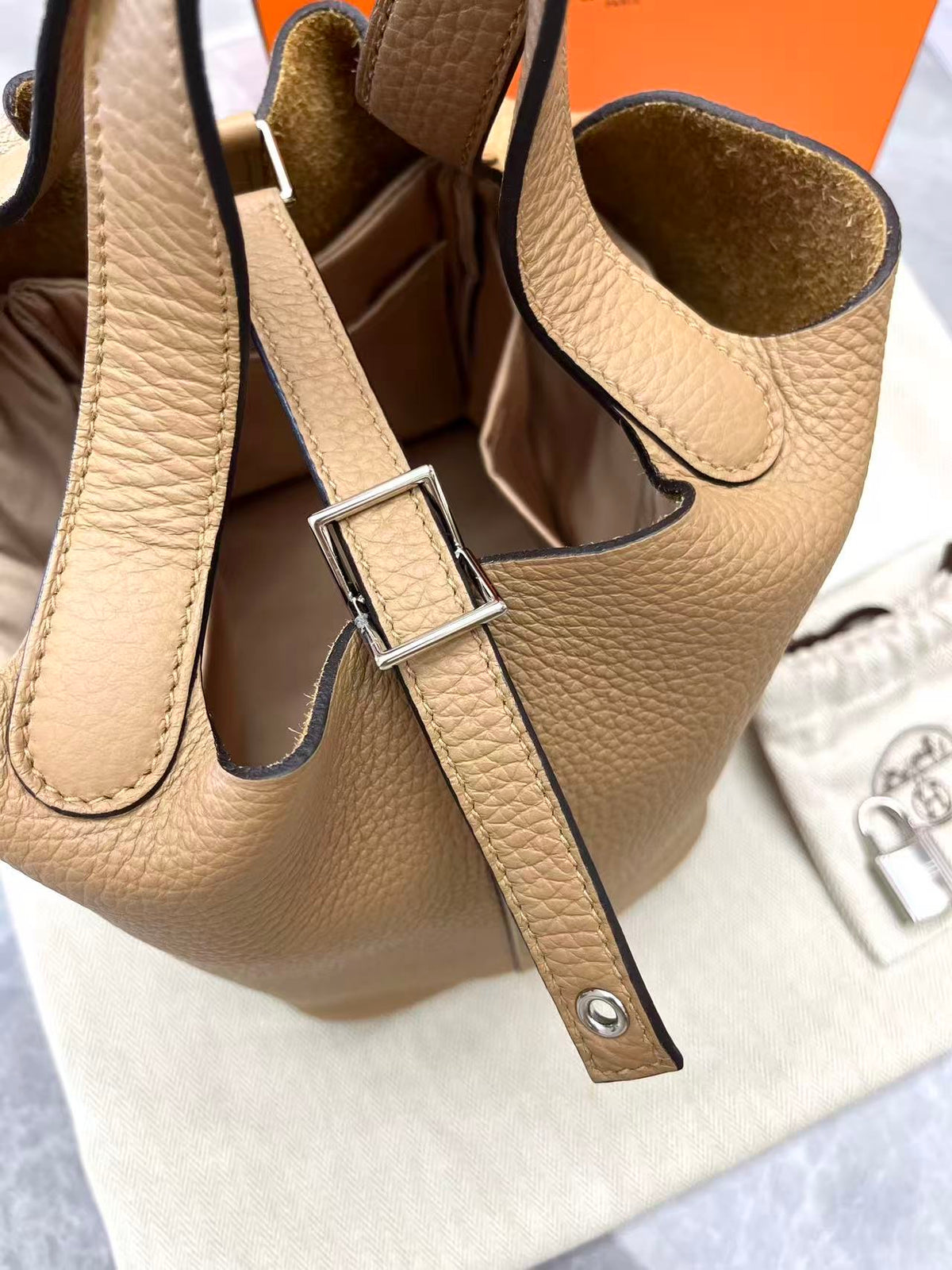 HERMÈS Picotin Lock 18 – Biscuit Clemence Leather with Palladium Hardware, W Stamp, Excellent Pre-Owned