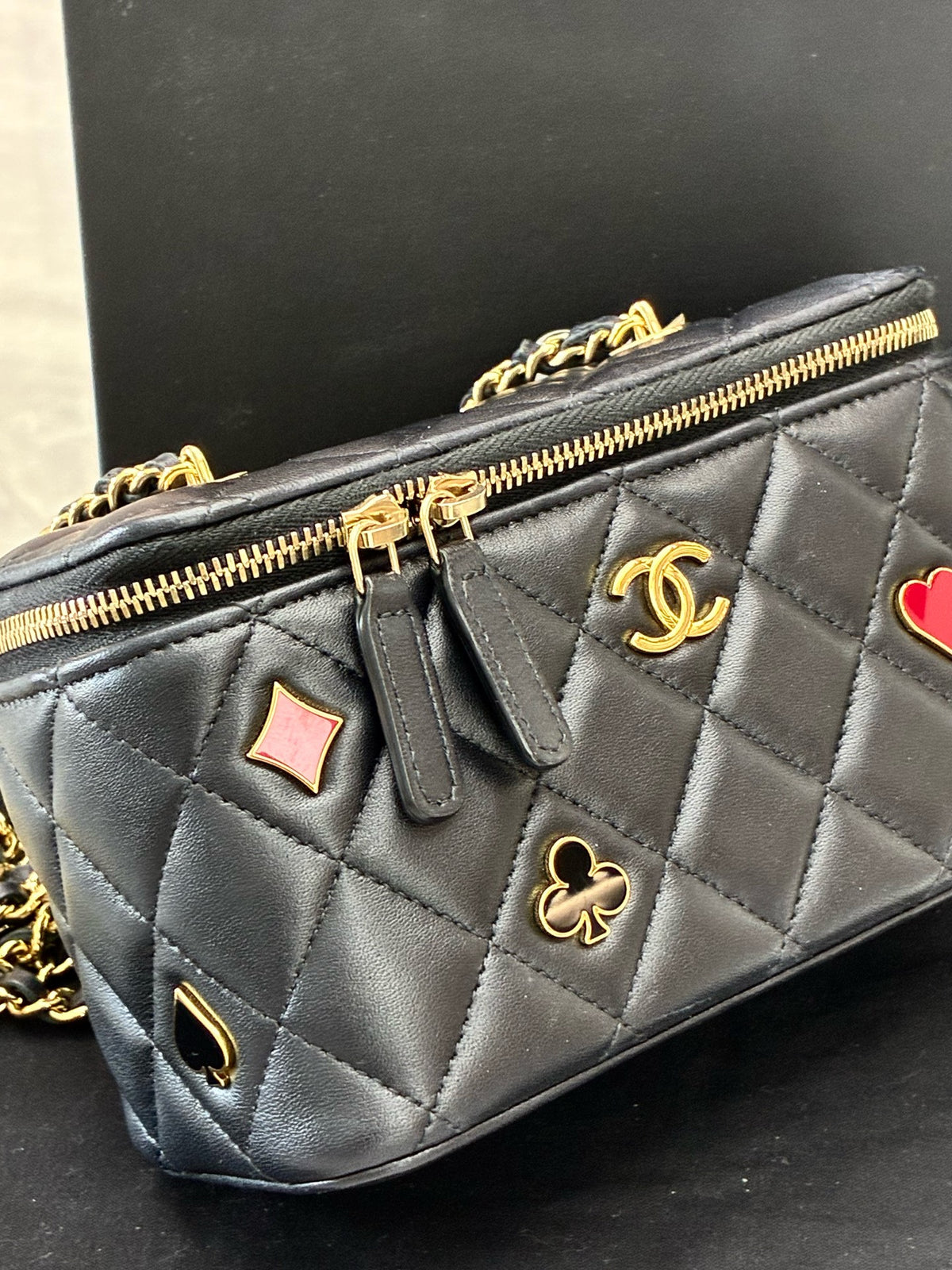 CHANEL 22K Vanity Case – Black Quilted Lambskin with Gold-Tone Chain and Poker-Suit Appliqués, Microchip Era, Good Pre-Owned
