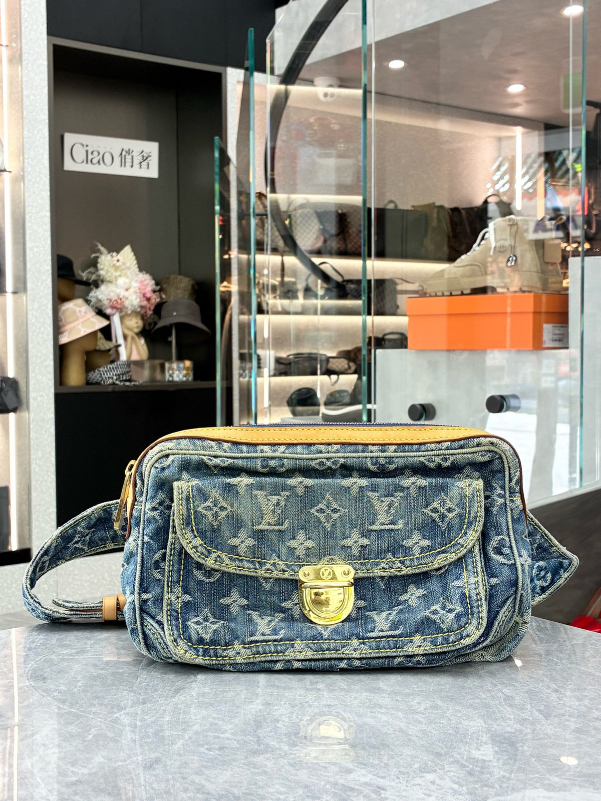 LOUIS VUITTON Denim Monogram Bustier Bag – Blue Denim with Vachetta Trim and Gold-Tone Clasp, Good Pre-Owned