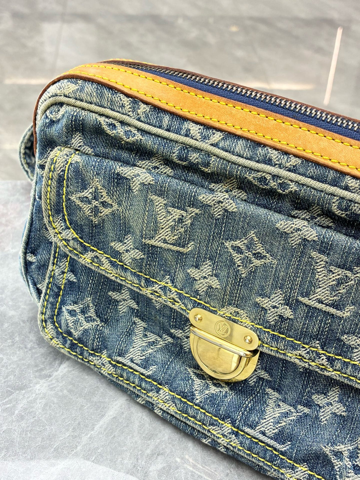 LOUIS VUITTON Denim Monogram Bustier Bag – Blue Denim with Vachetta Trim and Gold-Tone Clasp, Good Pre-Owned