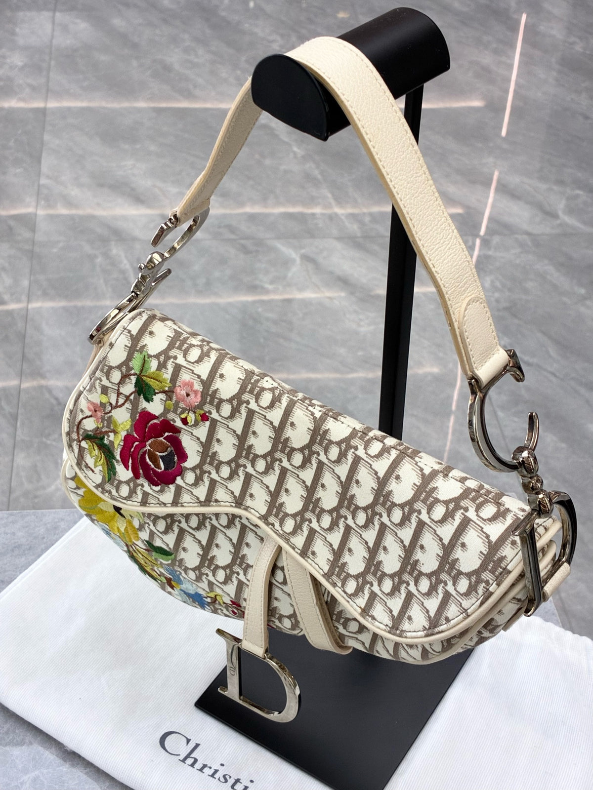 CHRISTIAN DIOR Saddle Bag – Embroidered Oblique Jacquard with Floral Embroidery, 2005 John Galliano, Good Pre-Owned