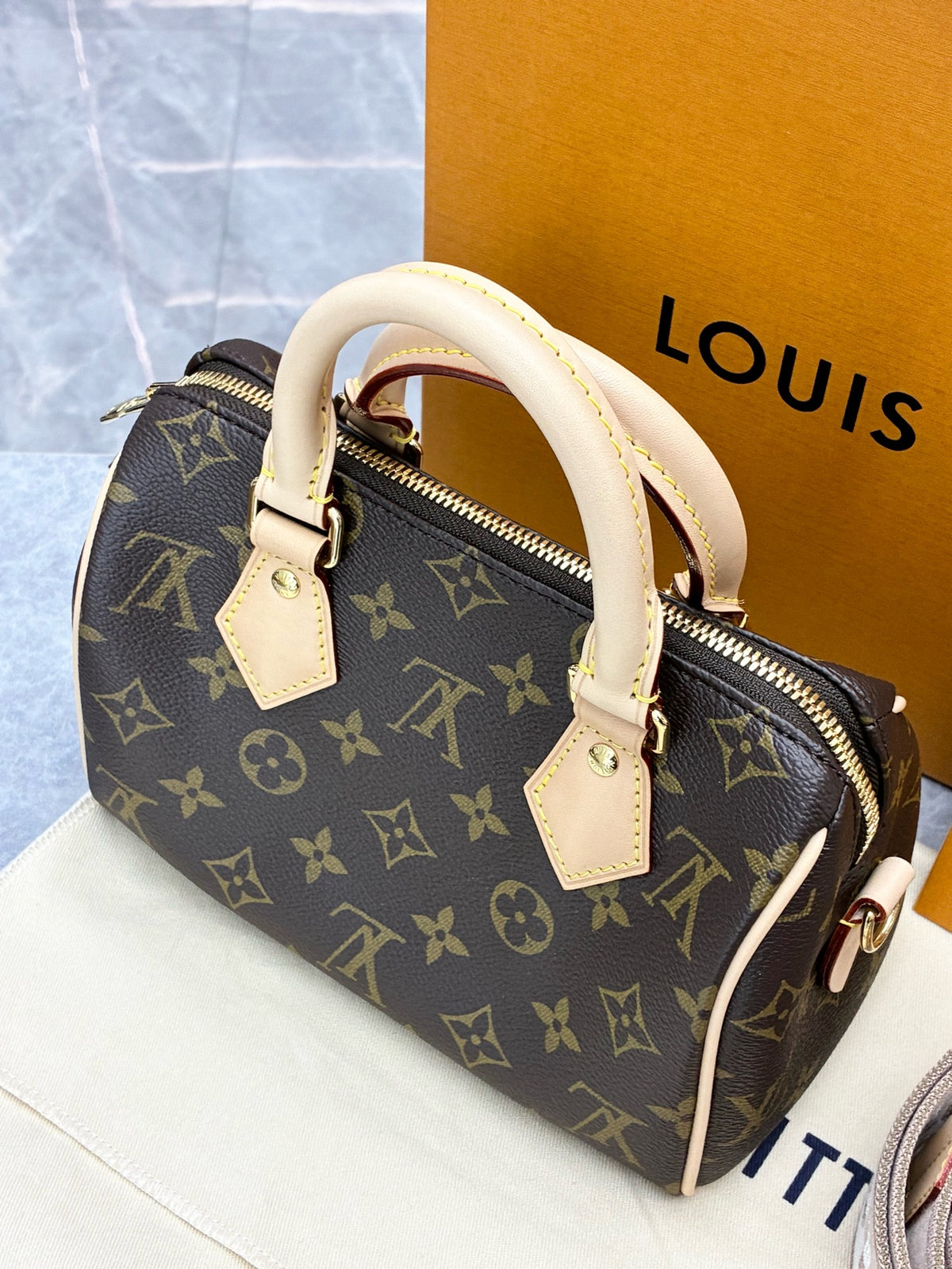 LOUIS VUITTON Speedy 20 – Monogram Canvas with Vachetta Handles and Monogram Web Strap, Microchip Era, Brand New
