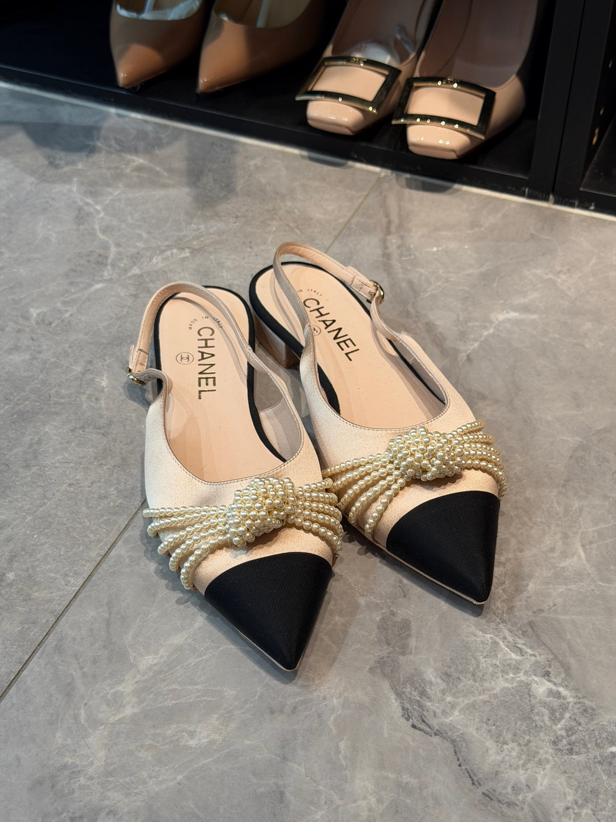 CHANEL Pearl Bow Flat Pump – Cream Satin with Black Grosgrain Toe, Size 37, Excellent Pre-Owned