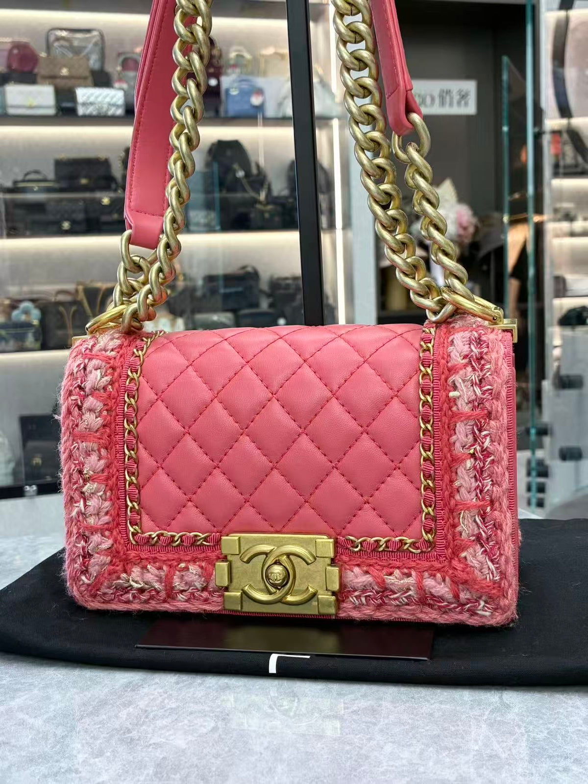 CHANEL Le Boy Small – Coral Pink Quilted Lambskin with Tweed Trim and Gold-Tone Hardware, 23 Series, Excellent Pre-Owned