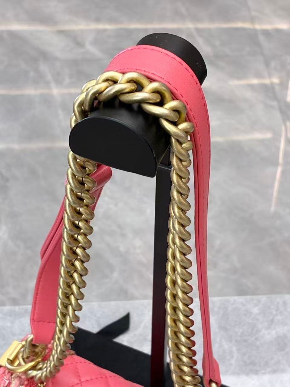 CHANEL Le Boy Small – Coral Pink Quilted Lambskin with Tweed Trim and Gold-Tone Hardware, 23 Series, Excellent Pre-Owned