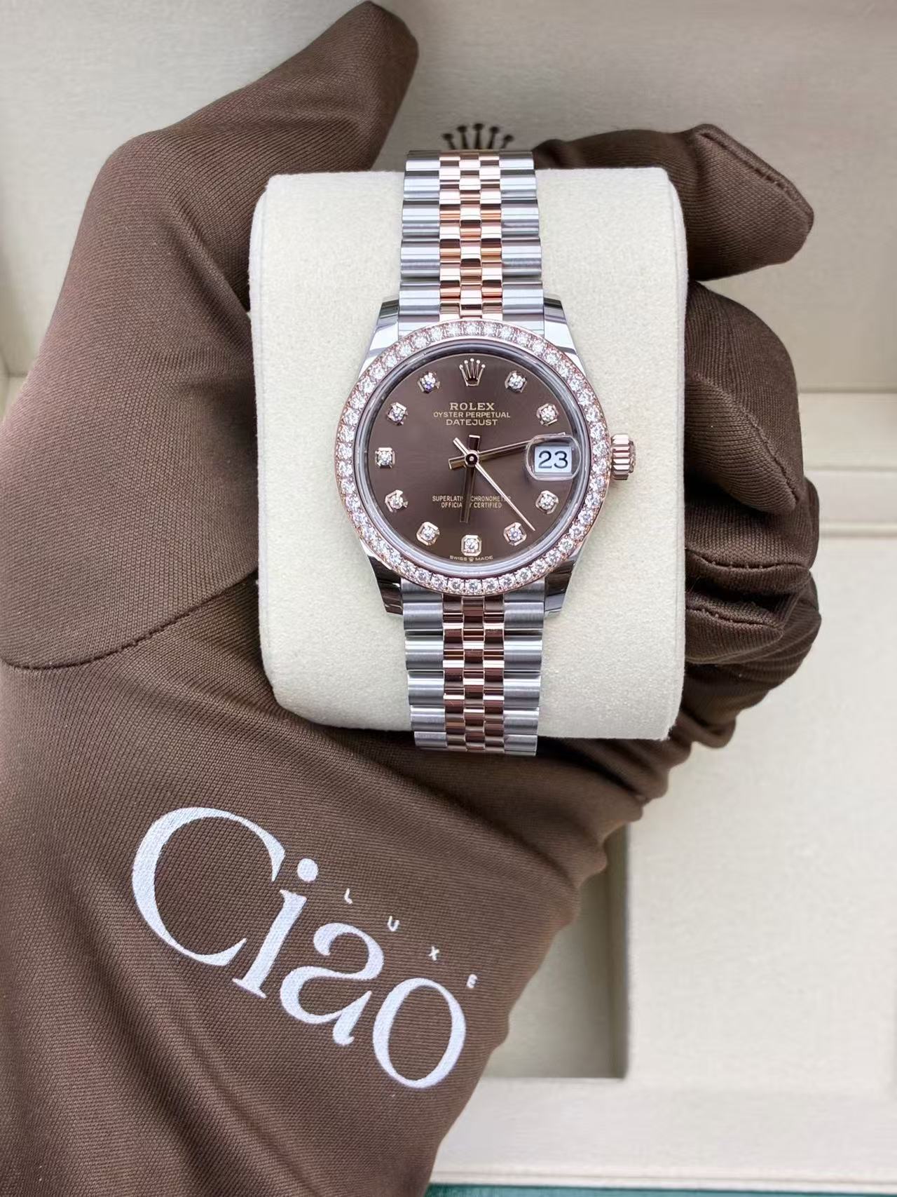 Datejust 31 Oyster, 31 mm, Oystersteel, Everose gold and diamonds