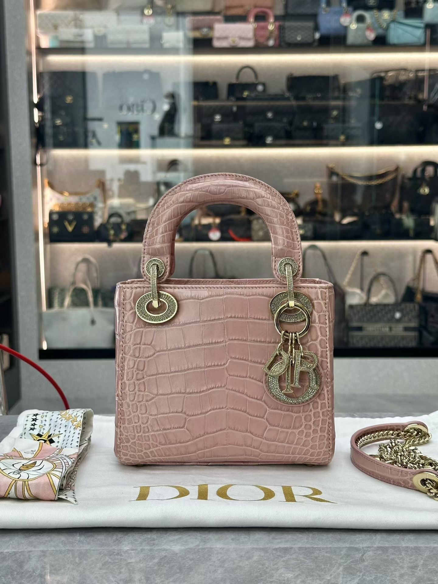 Dior Lady handbag pink alligator