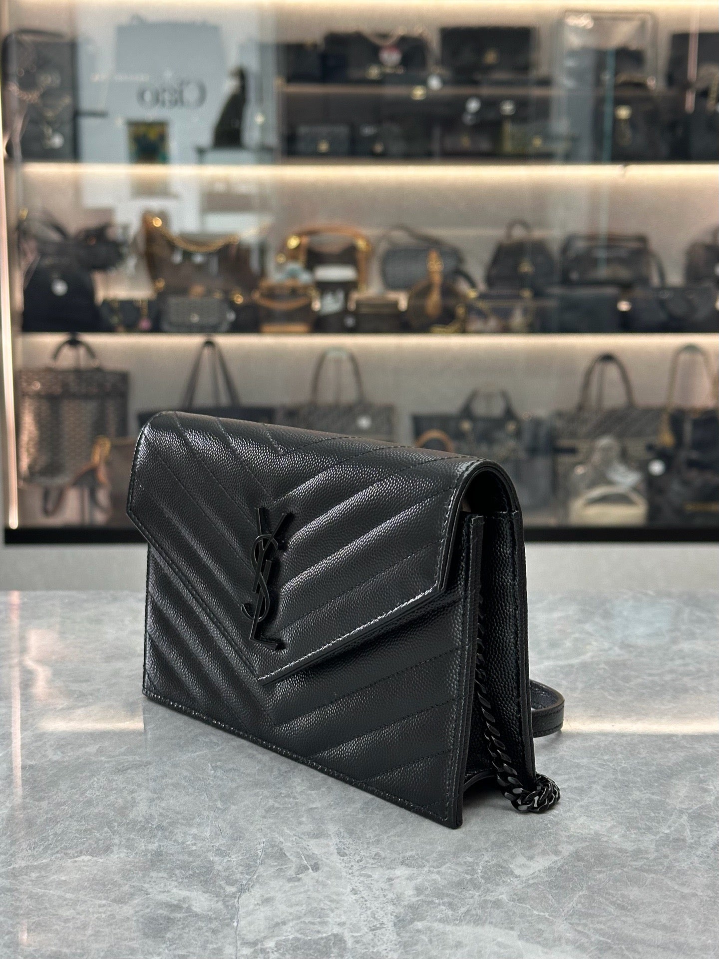 Saint Laurent Cassandre Matelassé Envelope Chain Wallet