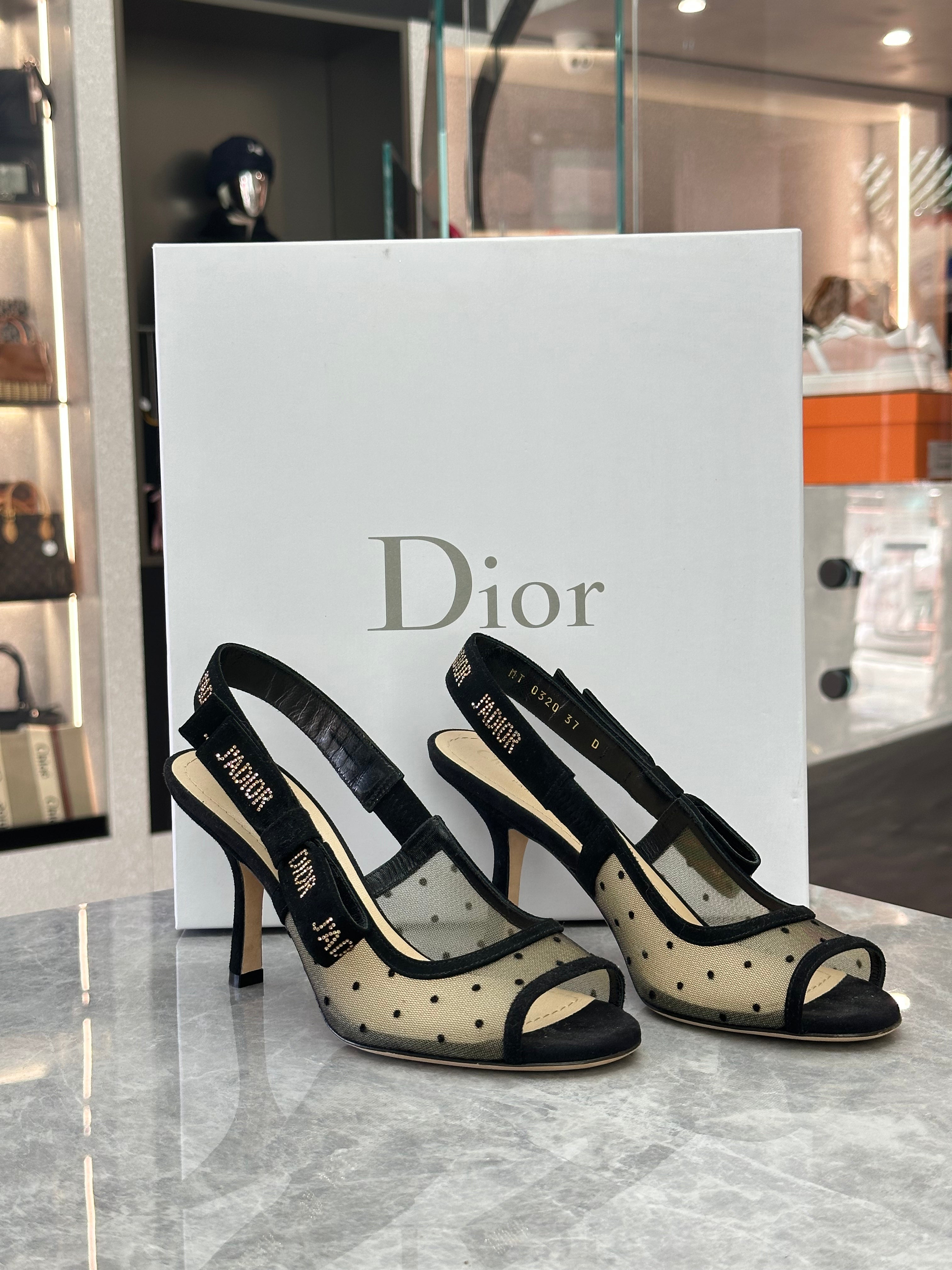 Dior Black Mesh Peep-Toe Pumps with Polka Dots