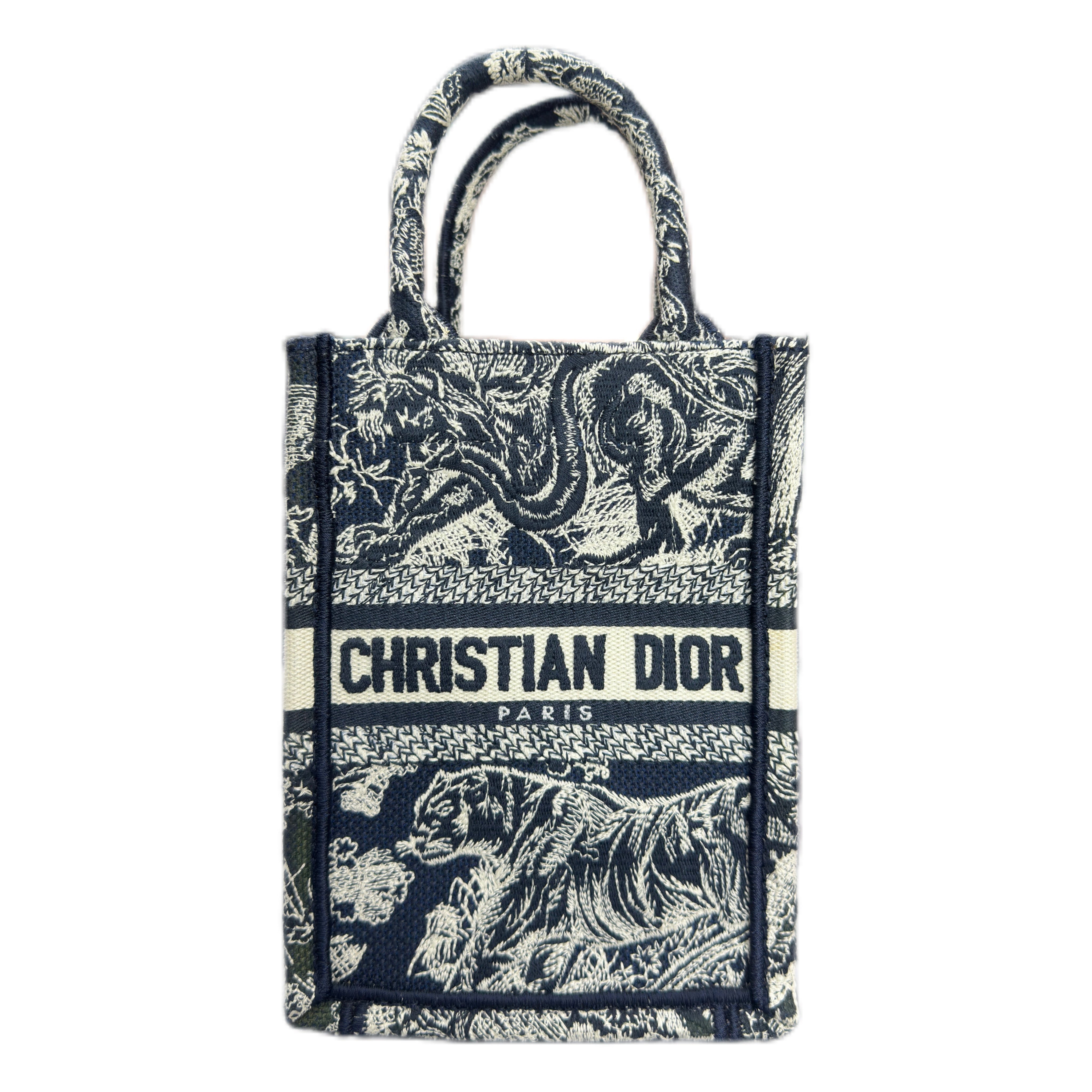 CHRISTIAN DIOR Mini Vertical Dior Book Tote (Black and White Embroidery)