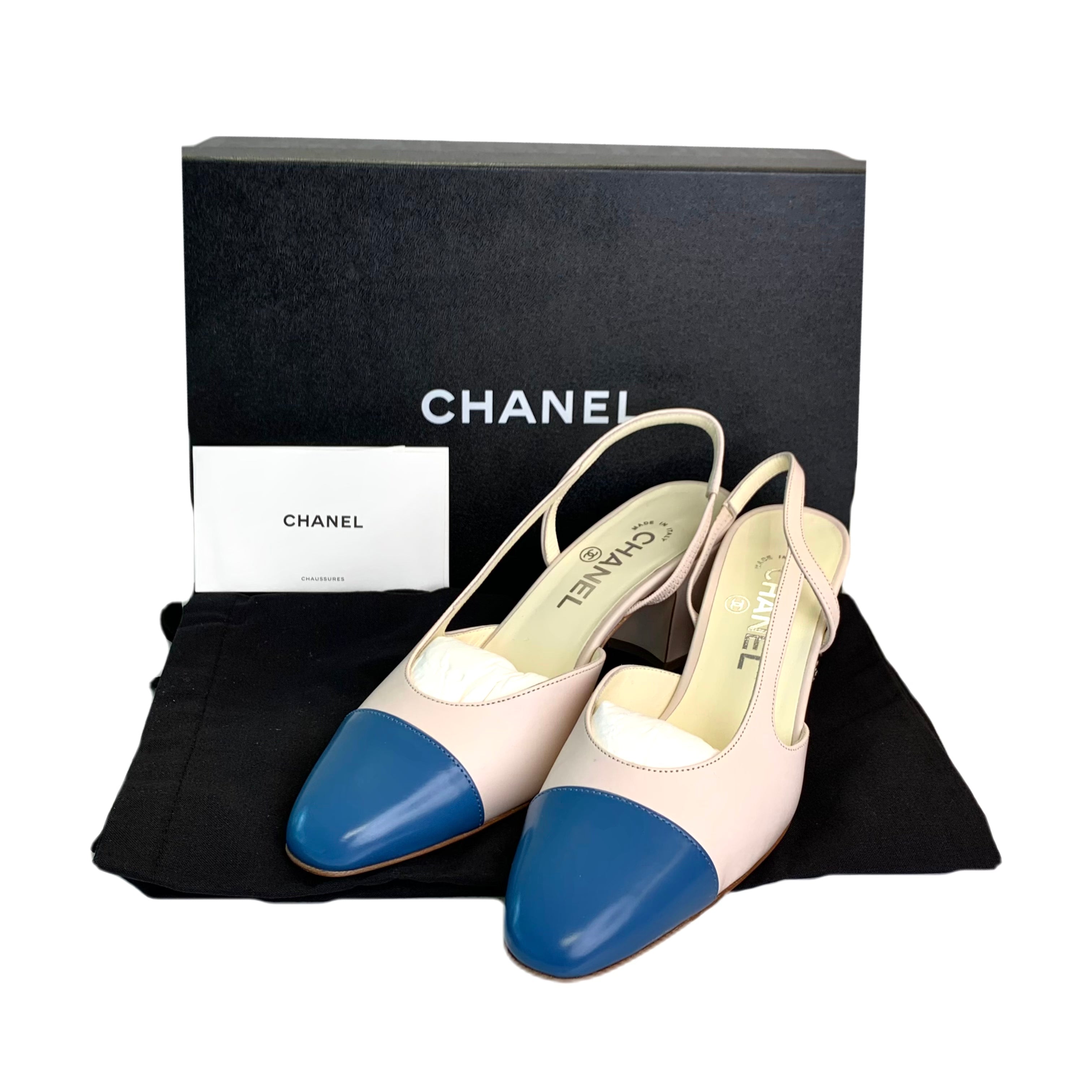 Chanel Sling back Leather Blue/Beige Pumps 38