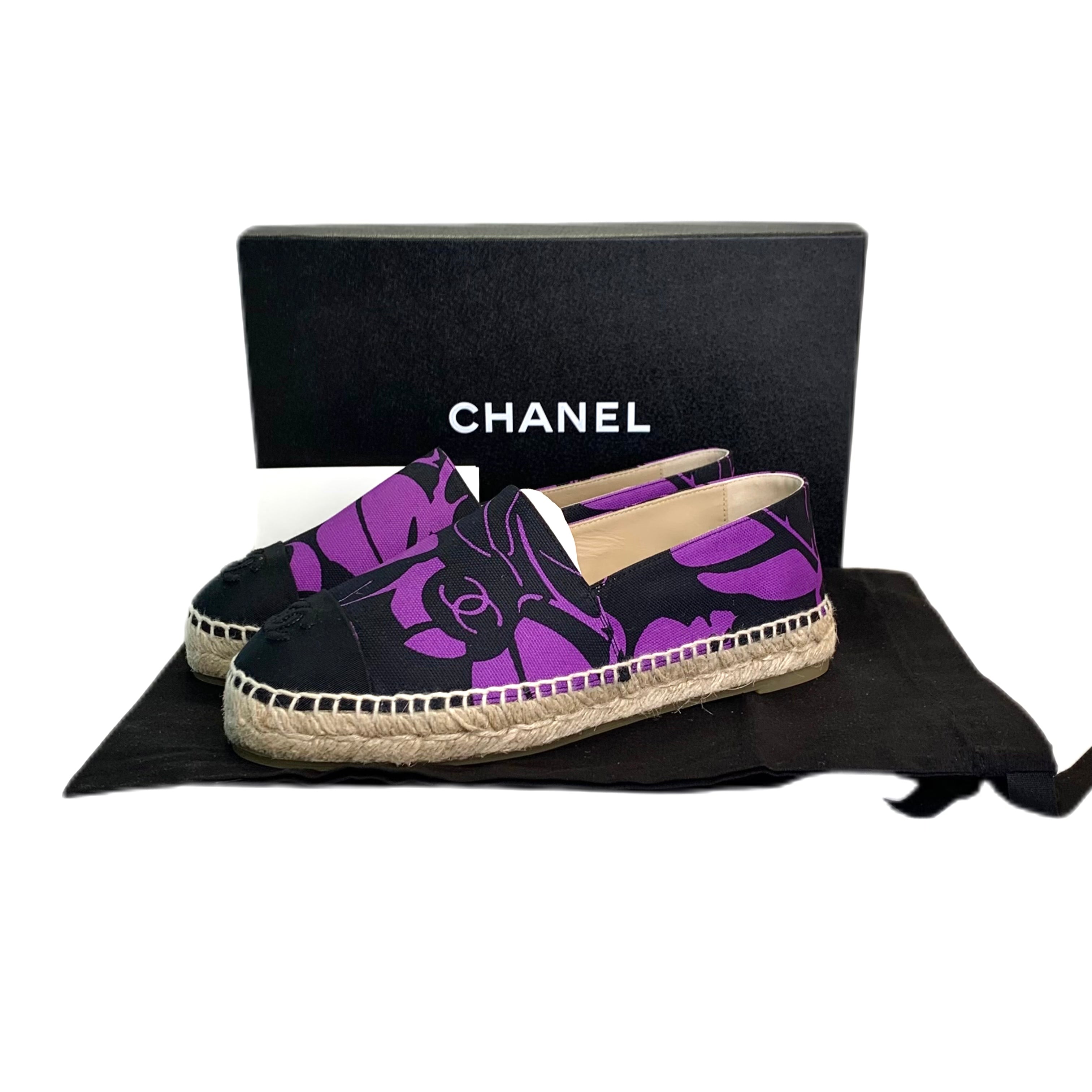 Chanel Espadrille Canvas Printed Flat Purple 38