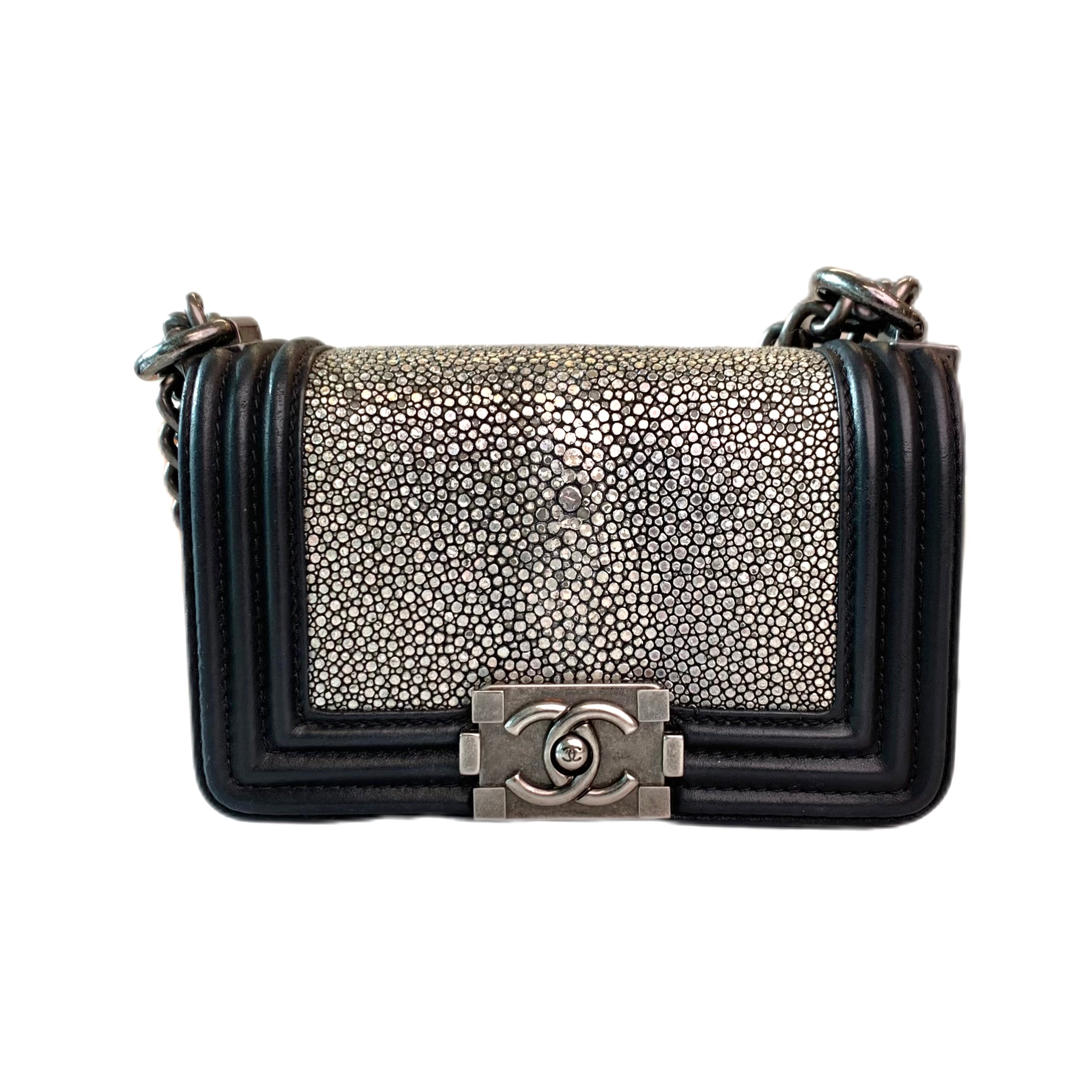 CHANEL Leboy Mini BAG Black and Metallic Silver Stingray Leather