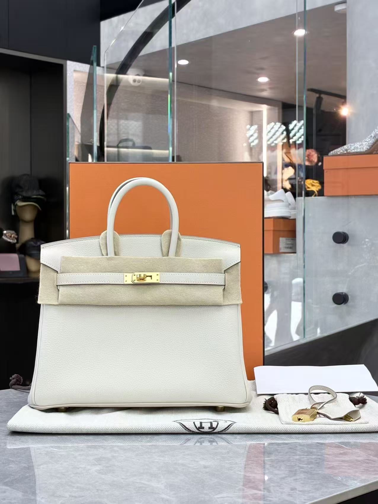 Hermès white Birkin 25 bag in Togo leather with gold hardware (K stamp)