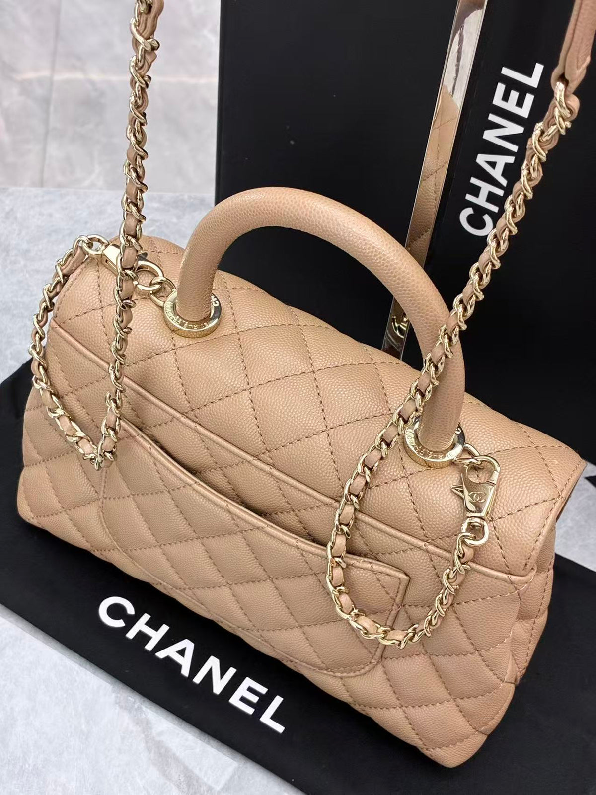 CHANEL Coco Handle Small – Milk Tea Quilted Calfskin with Gold-Tone Hardware, 23 x 6 x 14 cm, Microchip Era, 99% New