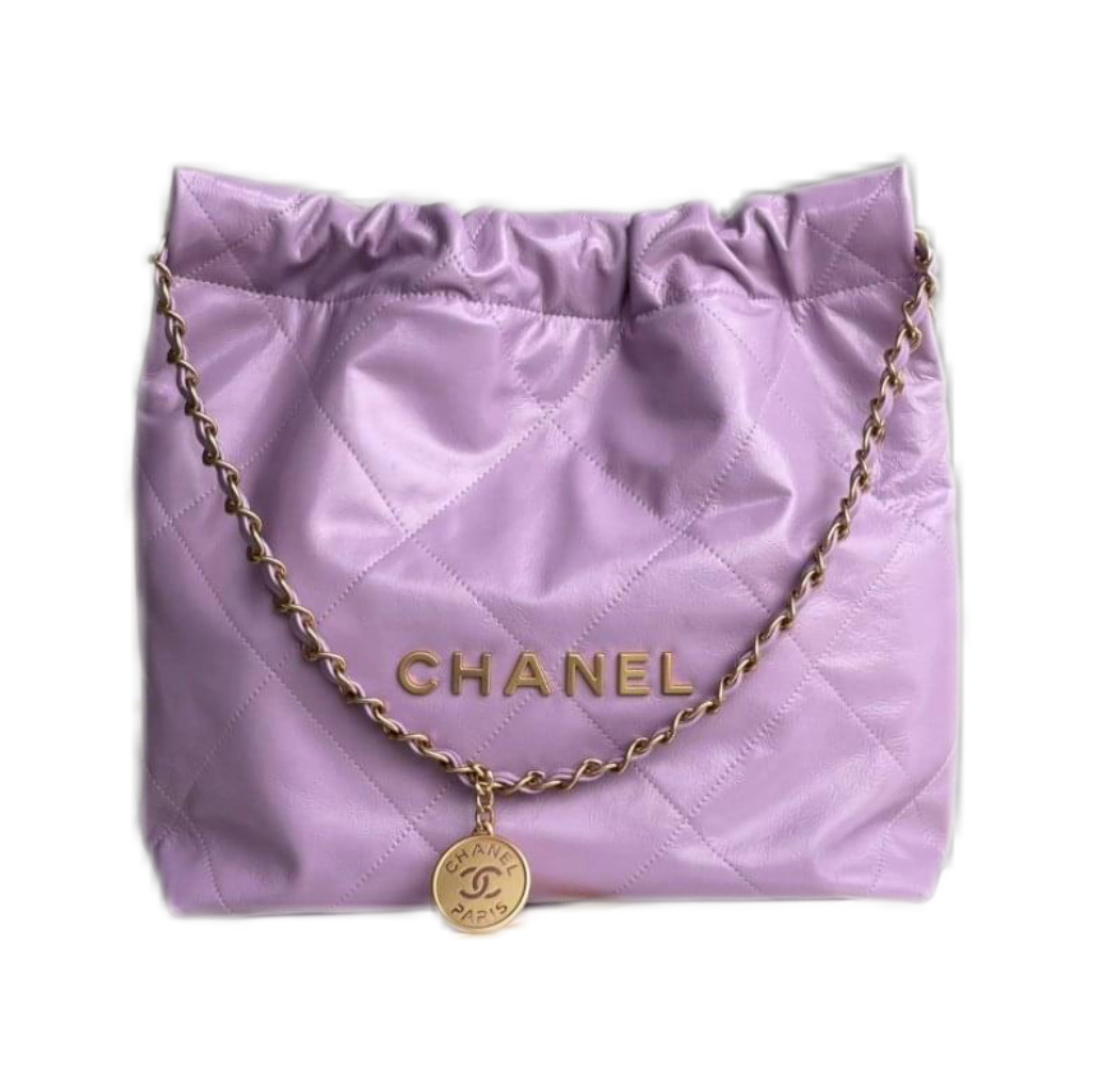 CHANEL 22 BAG Small in Shiny Calfskin and Gold-tone Metal (Purple)