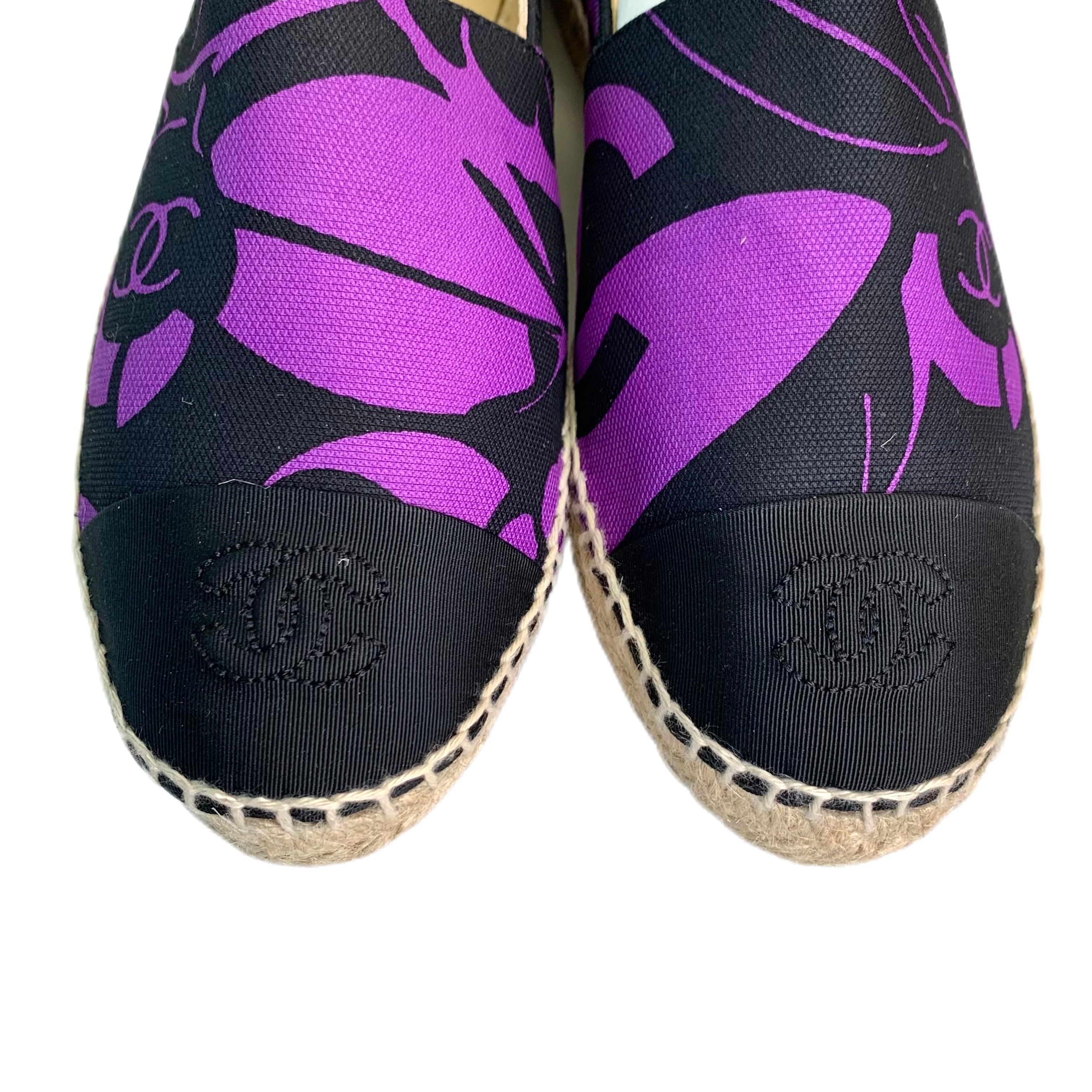 Chanel Espadrille Canvas Printed Flat Purple 38