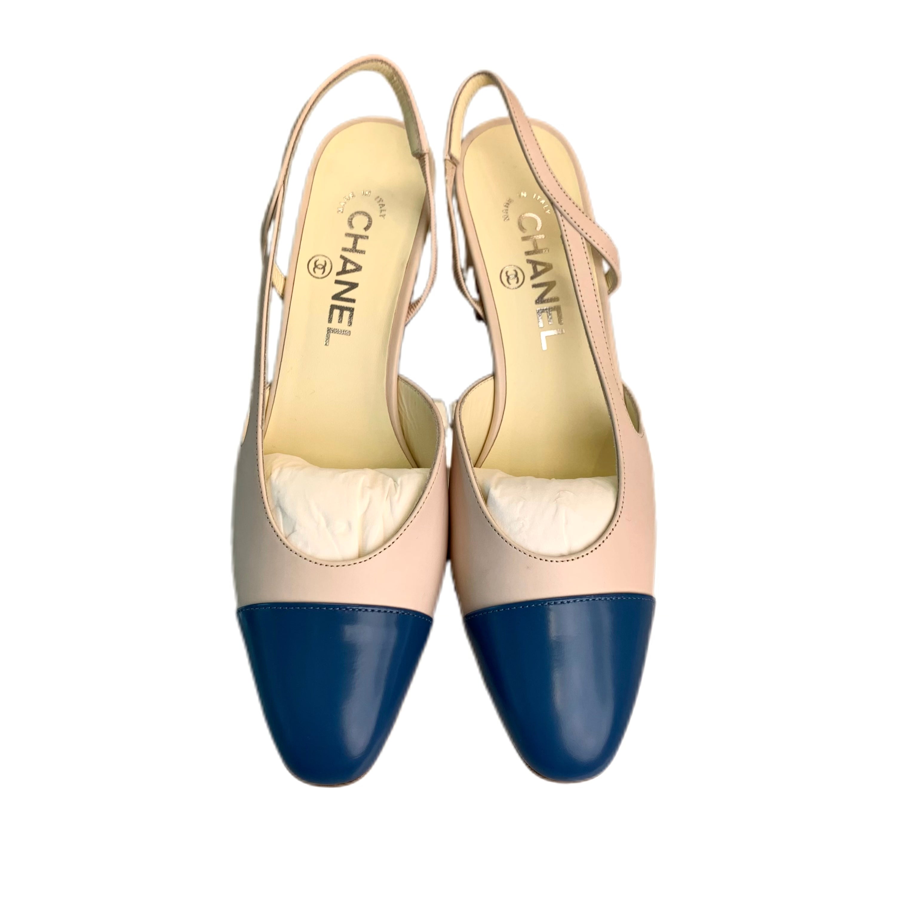 Chanel Sling back Leather Blue/Beige Pumps 38