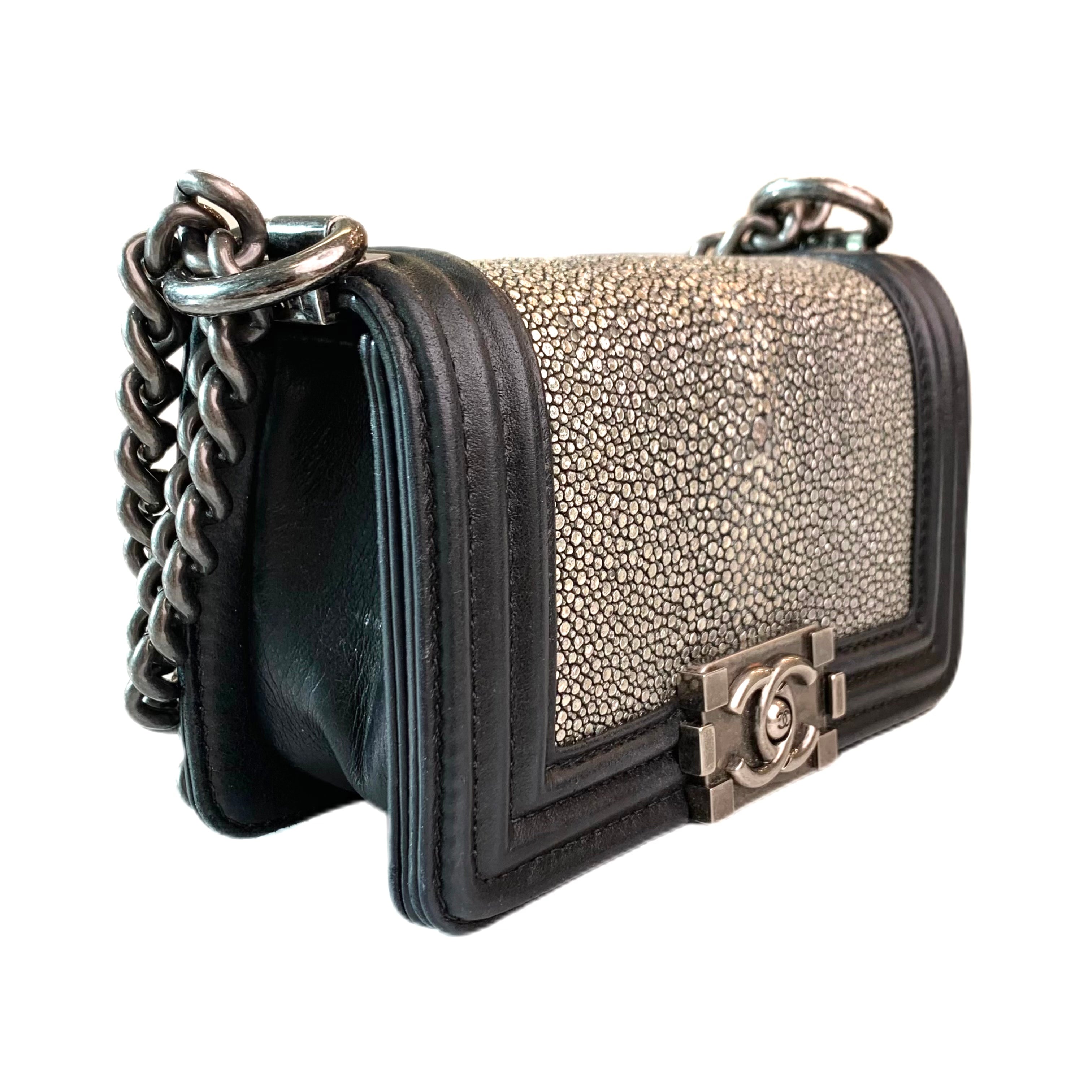 CHANEL Leboy Mini BAG Black and Metallic Silver Stingray Leather