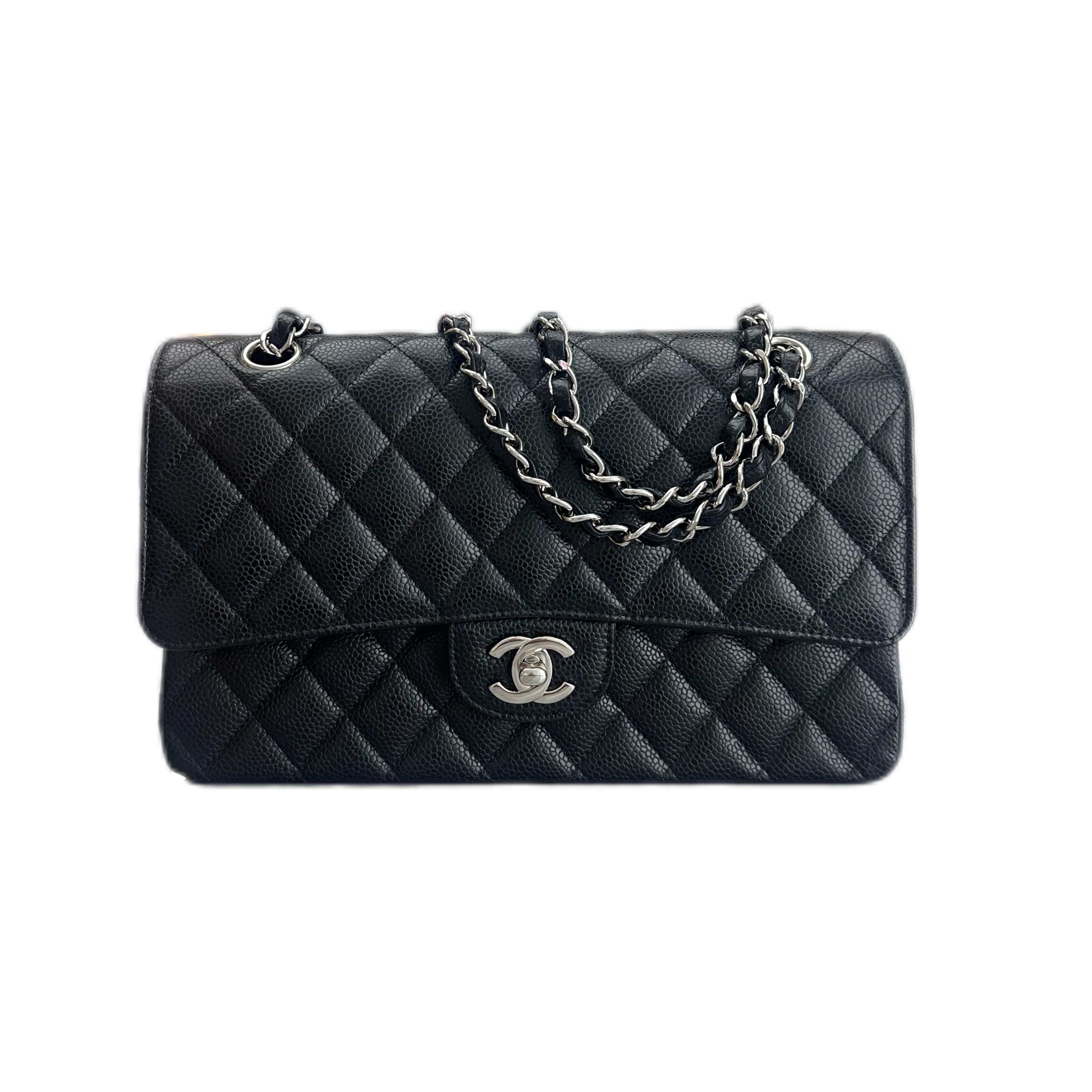 CHANEL MEDIUM DOUBLE CLASSIC FLAP CAVIAR BLACK/Silver