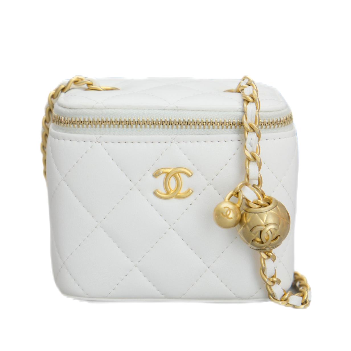 CHANEL MINI Vanity Case with Pearl Crush Clutch with Chain （White Caviar）