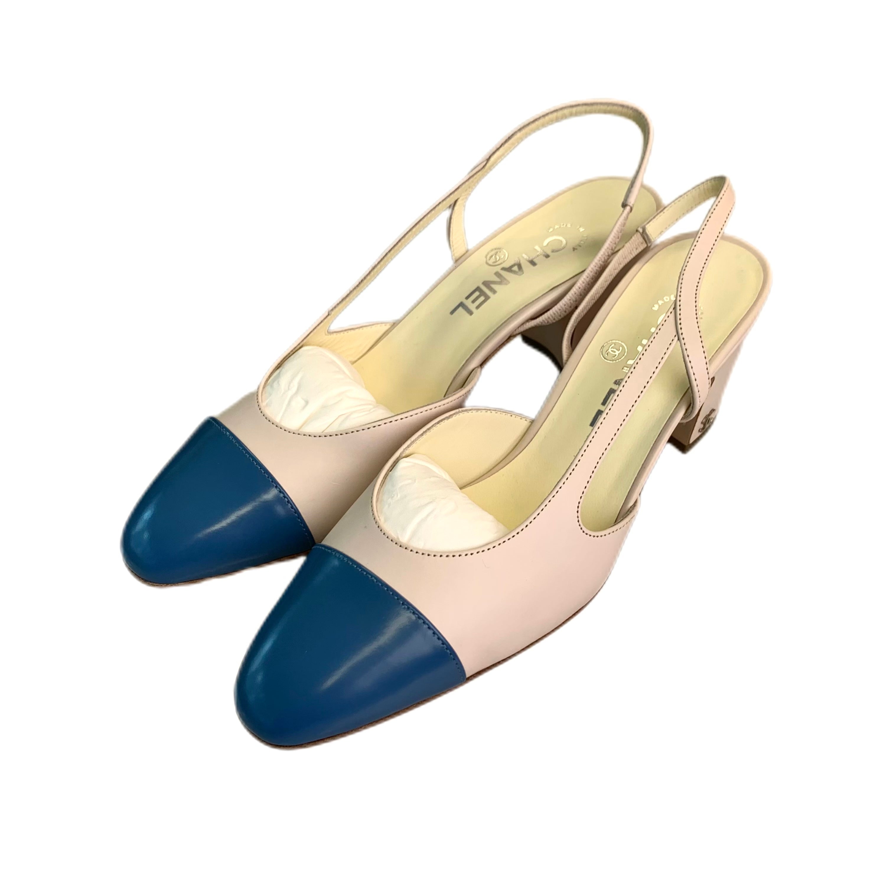 Chanel Sling back Leather Blue/Beige Pumps 38