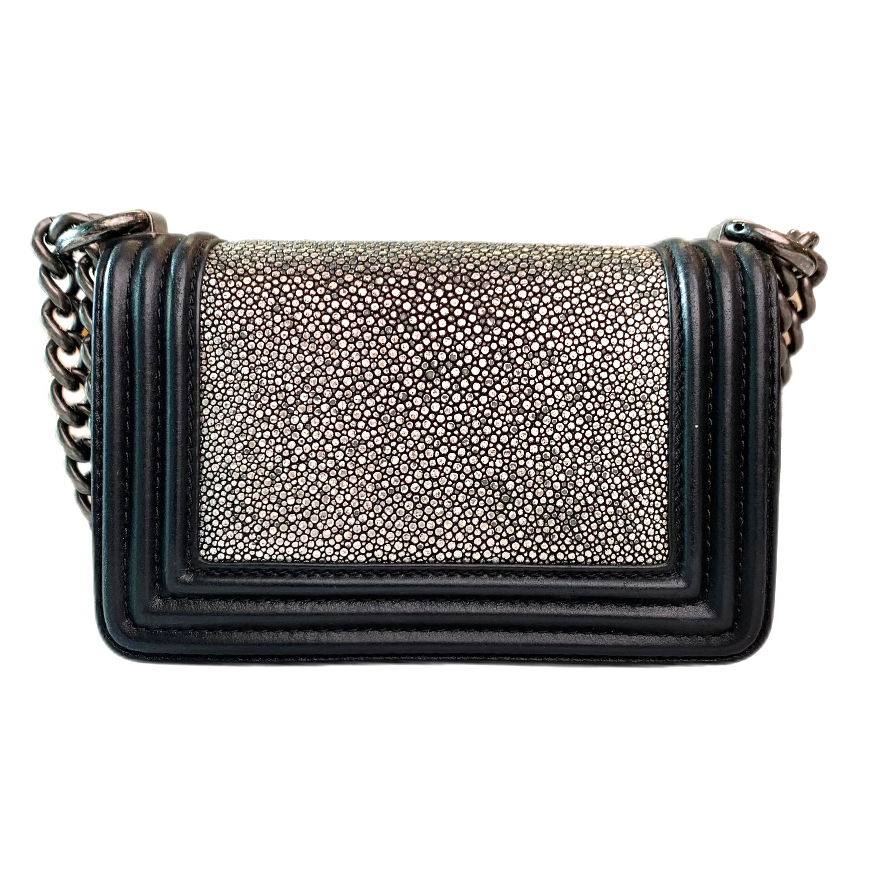 CHANEL Leboy Mini BAG Black and Metallic Silver Stingray Leather