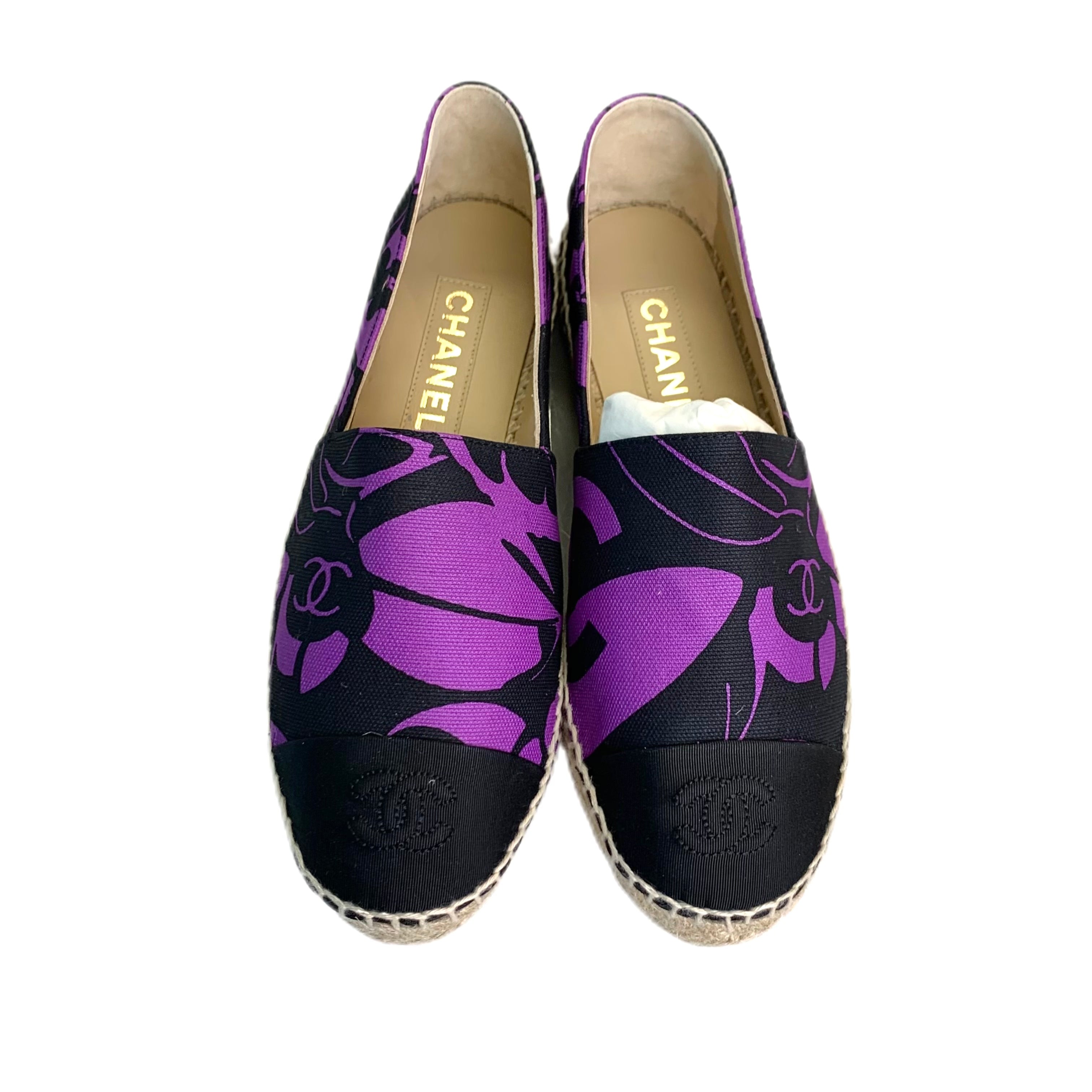 Chanel Espadrille Canvas Printed Flat Purple 38