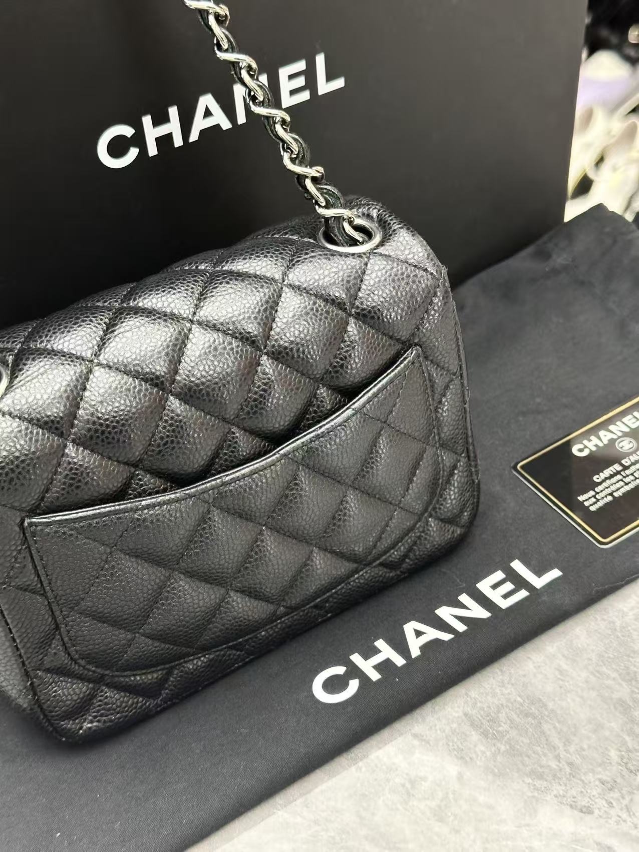 Chanel Classic Flap shoulder bag in quilted black caviar leather with silver-tone hardware