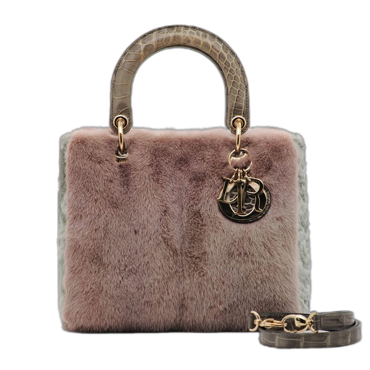 CHRISTIAN DIOR Medium Lady Bag Mink/Glossy lambskin/Crocodile handle (Pink/ Grey)