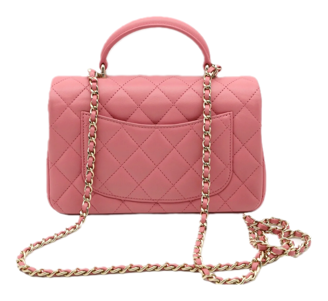 CHANEL 23P Quilted Mini Top Handle Lambskin GHW (Dark Pink）