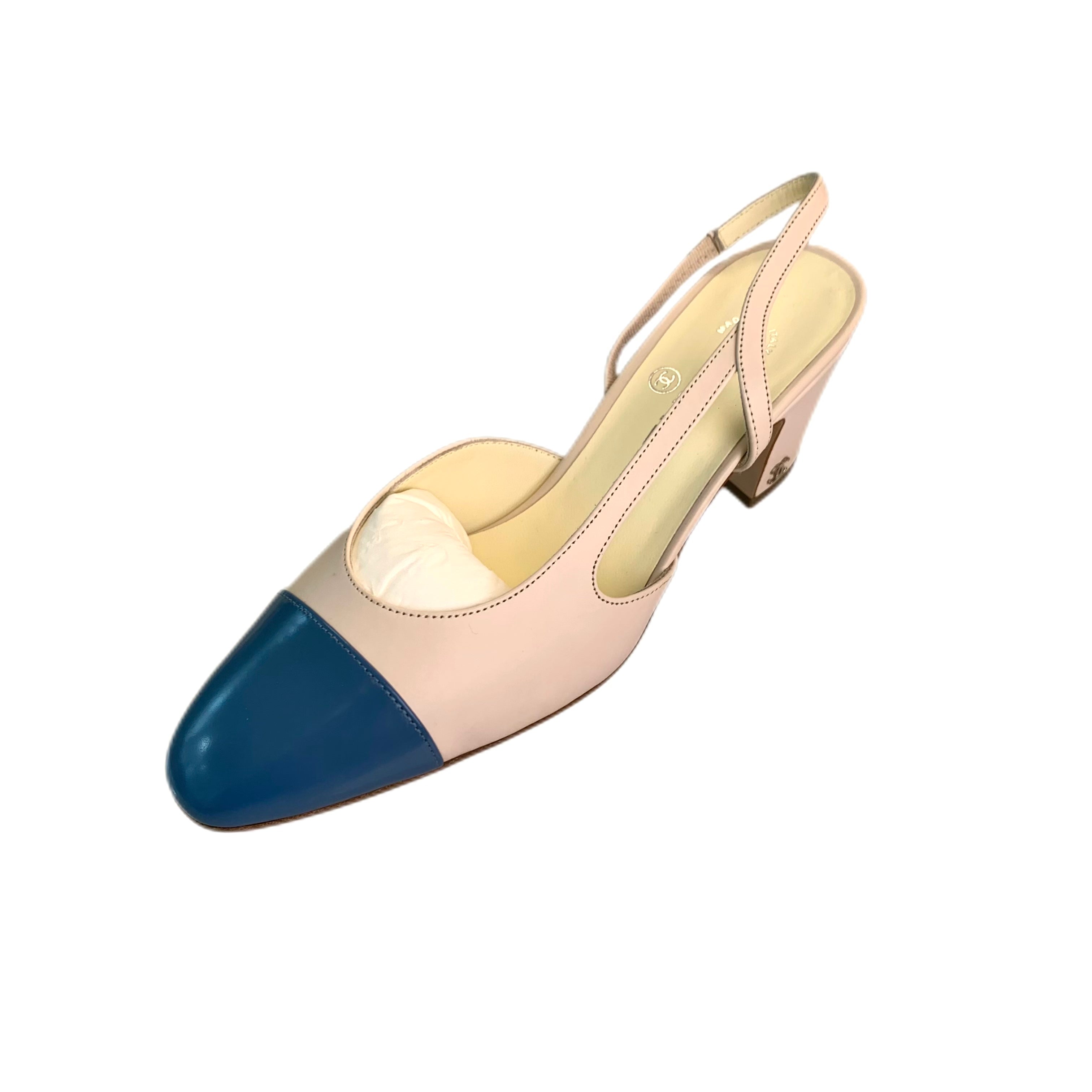 Chanel Sling back Leather Blue/Beige Pumps 38