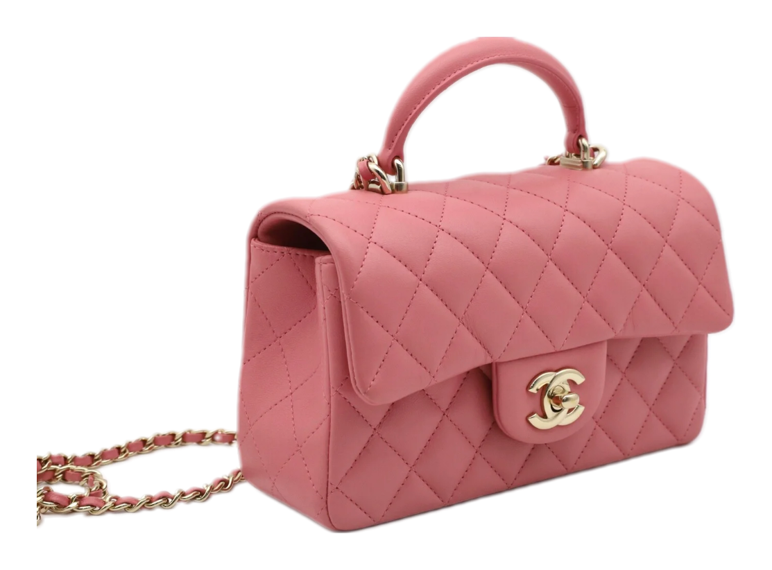 CHANEL 23P Quilted Mini Top Handle Lambskin GHW (Dark Pink）