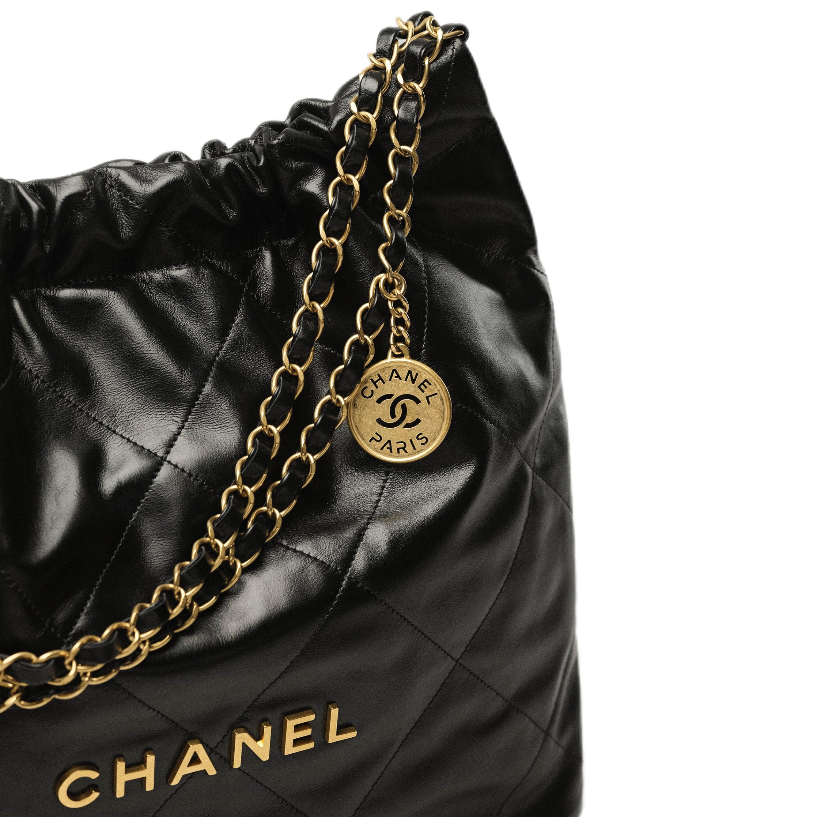 CHANEL 22 BAG Mini in Shiny Calfskin and Gold-tone Metal with Microchip (Black)