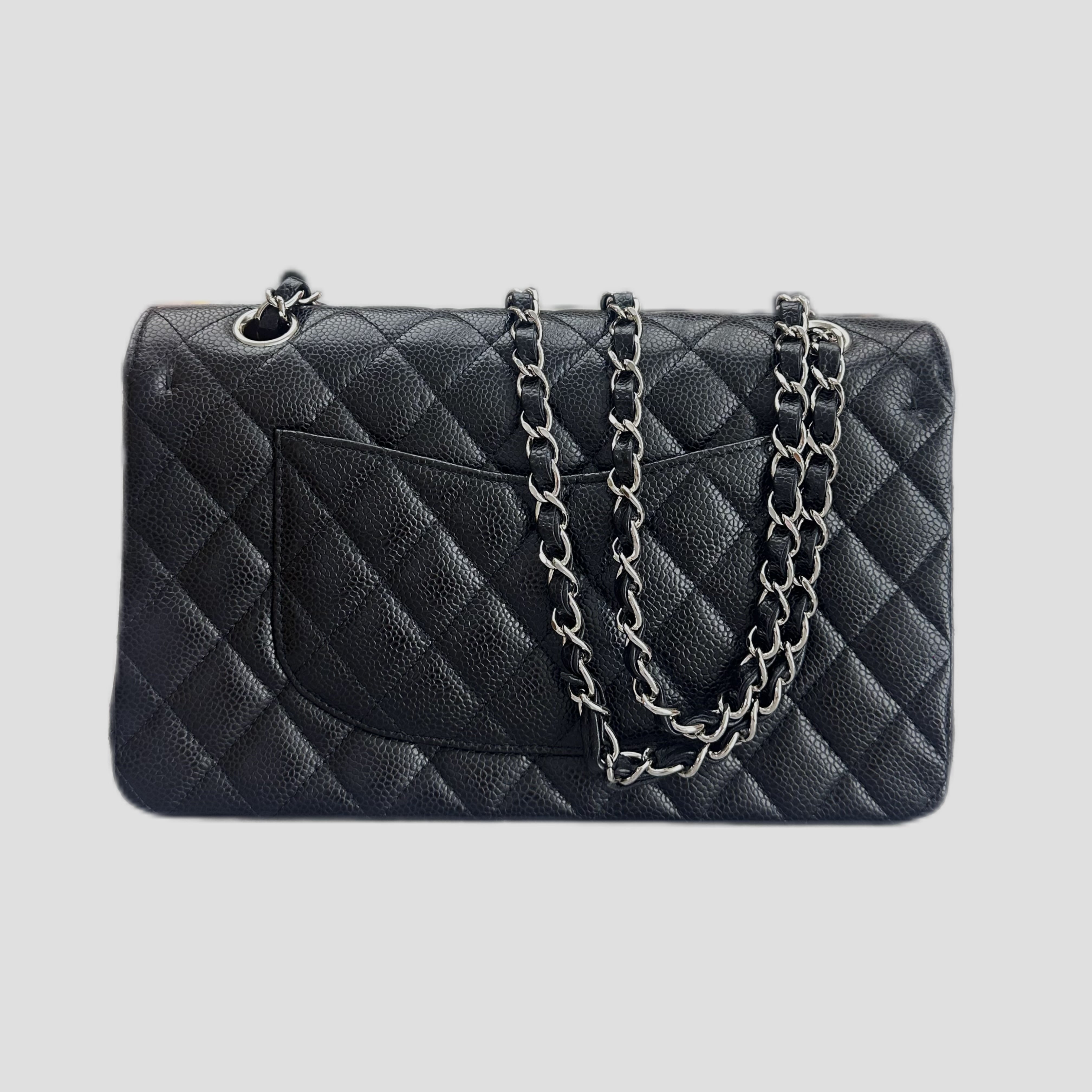 CHANEL MEDIUM DOUBLE CLASSIC FLAP CAVIAR BLACK/Silver