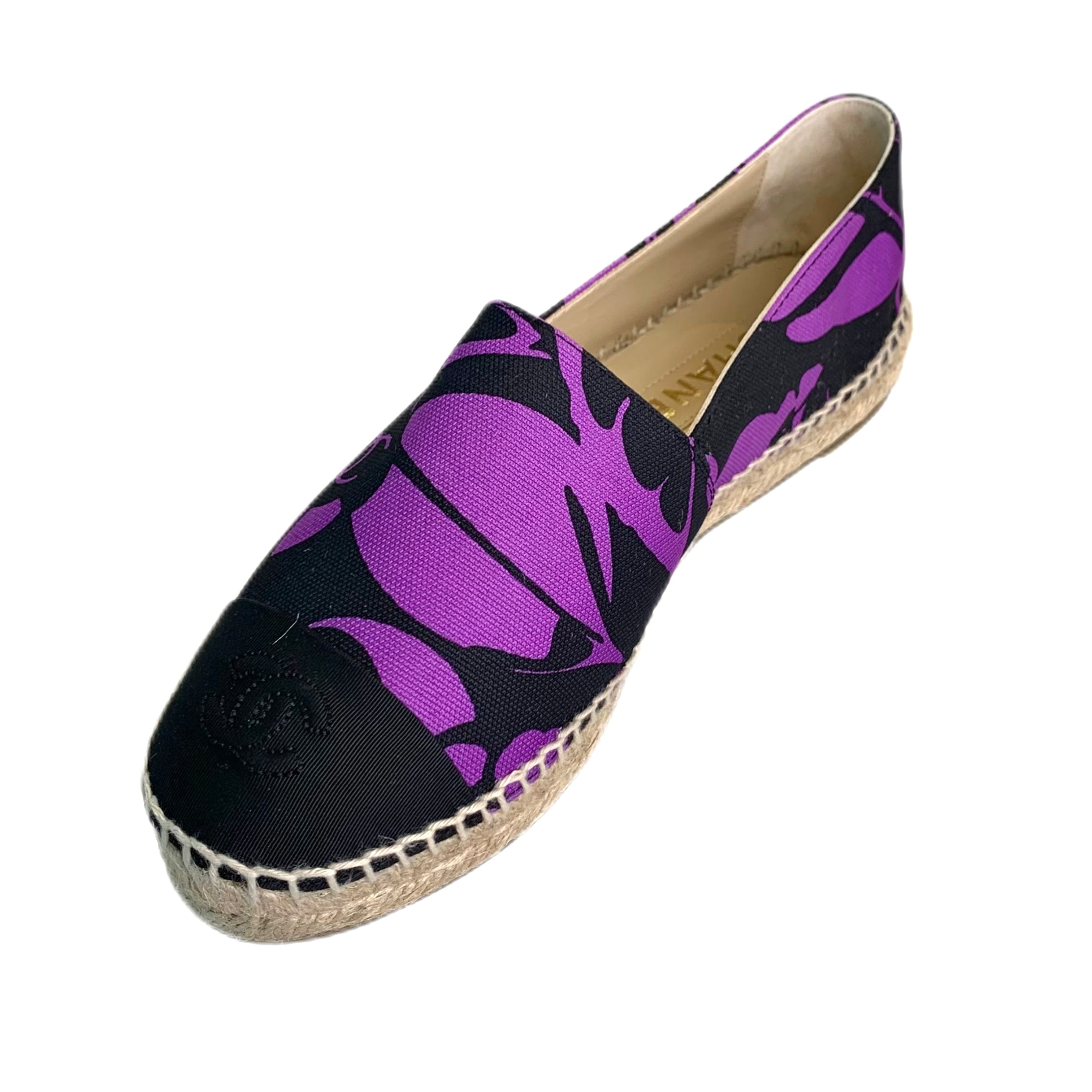 Chanel Espadrille Canvas Printed Flat Purple 38