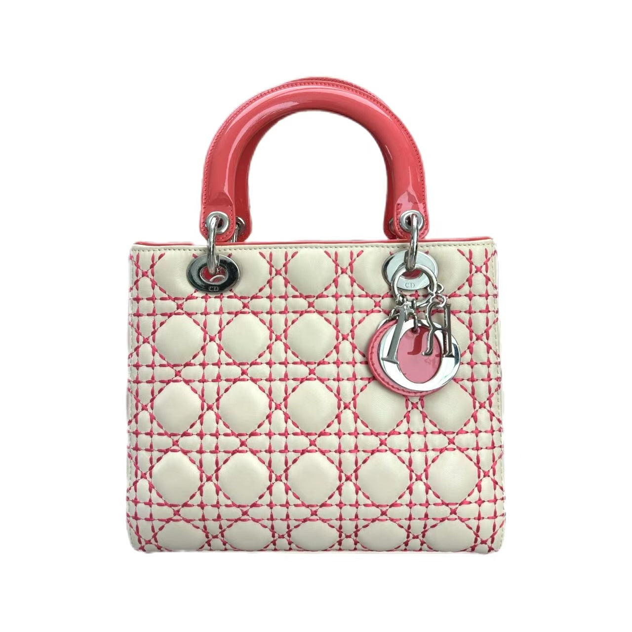 CHRISTIAN DIOR Medium Cannage Lambskin Lady Dior SHW (Dark Pink/Beige)