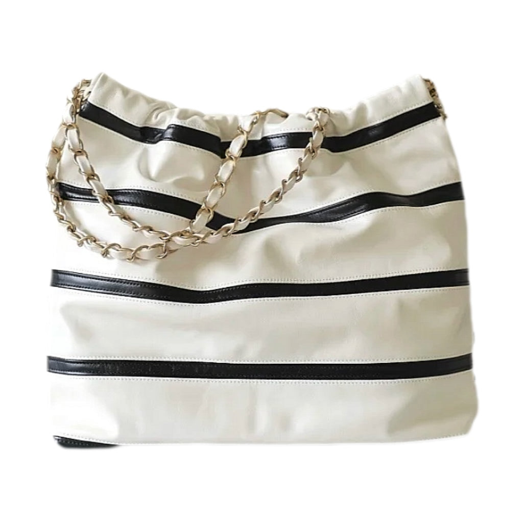 CHANEL 22 BAG Medium in Shiny Calfskin and GHW with Microchip (White/Black）