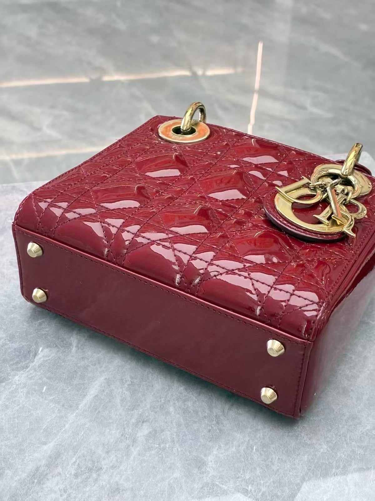 CHRISTIAN DIOR Lady Dior Mini – Cherry Red Patent Cannage Leather, Gold Hardware, Removable Strap, Good Pre-Owned