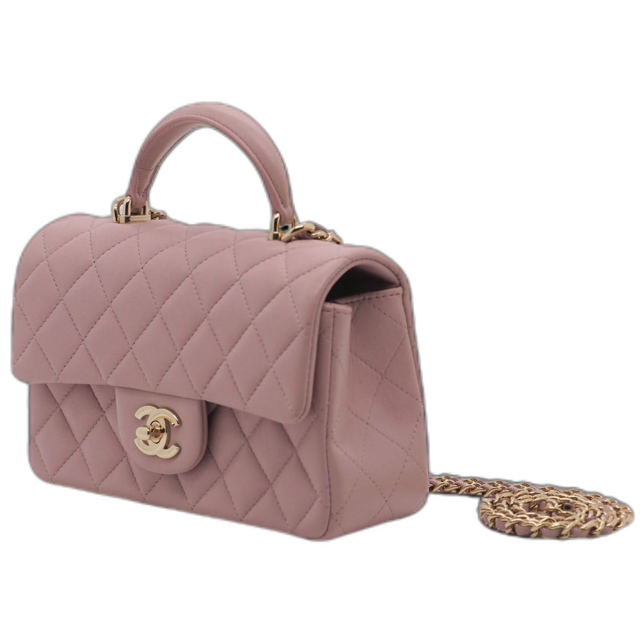 CHANEL 23P Quilted Mini Top Handle Lambskin GHW (Pink）