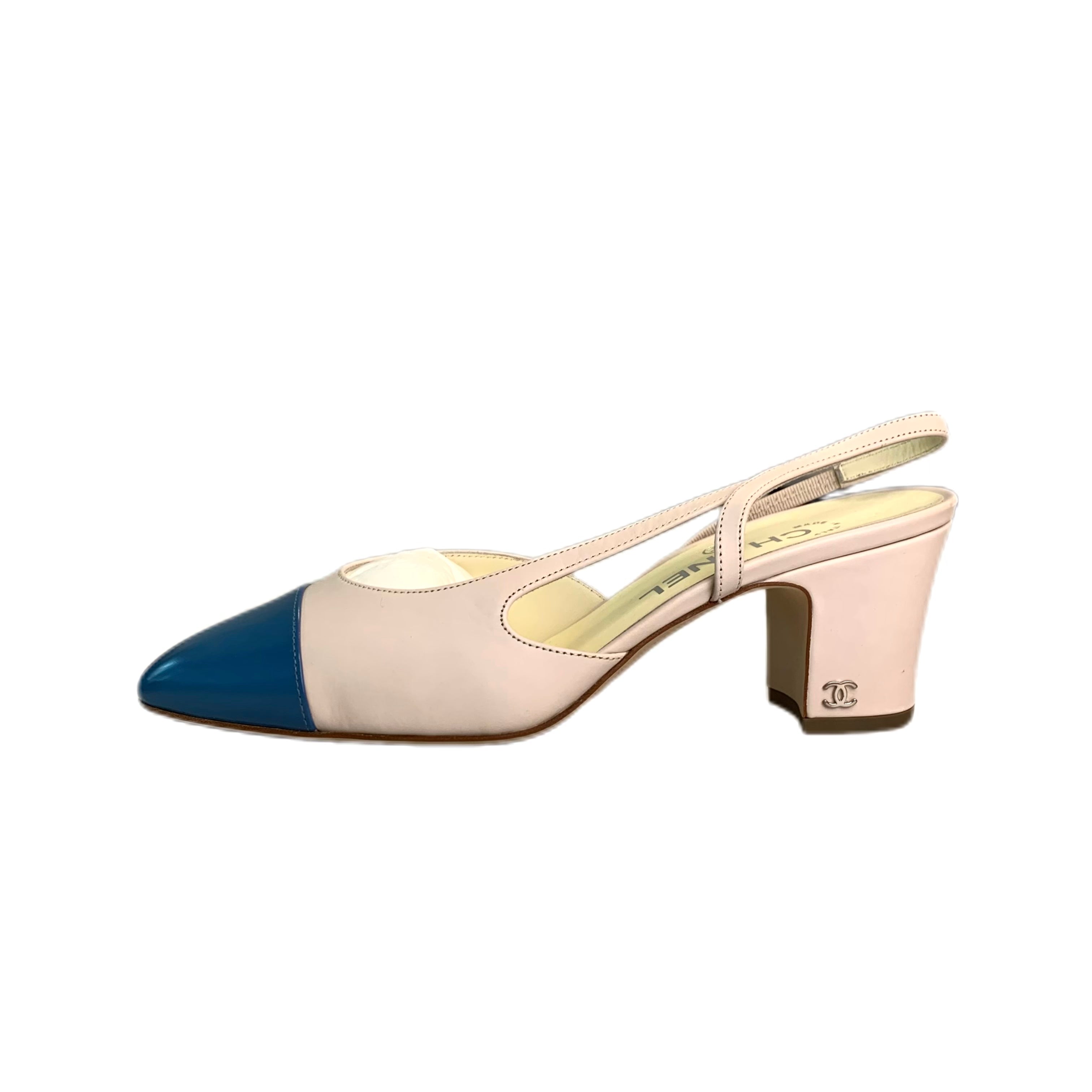 Chanel Sling back Leather Blue/Beige Pumps 38