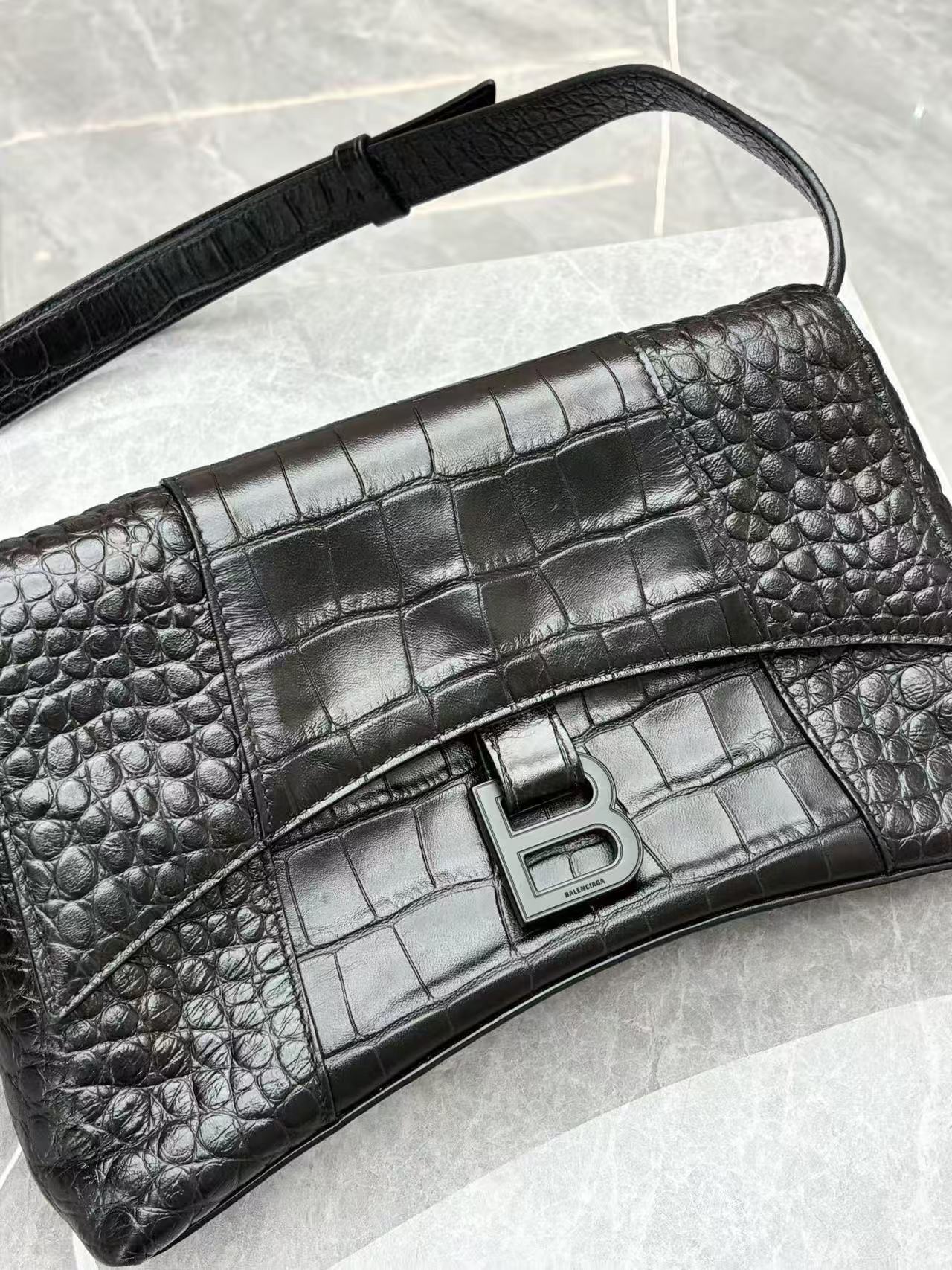 Balenciaga Downtown Small Shoulder Bag in black crocodile-embossed calfskin leather