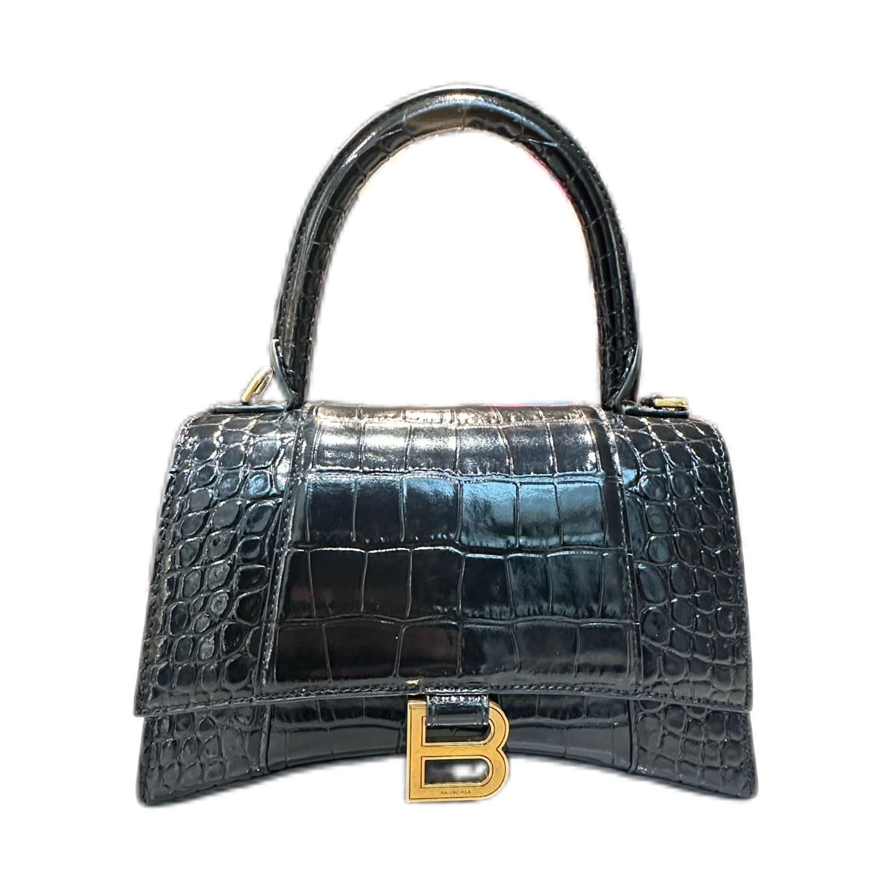 Balenciaga Hourglass Handbag Crocodile Embossed Calfskin Shiny in GHW Black