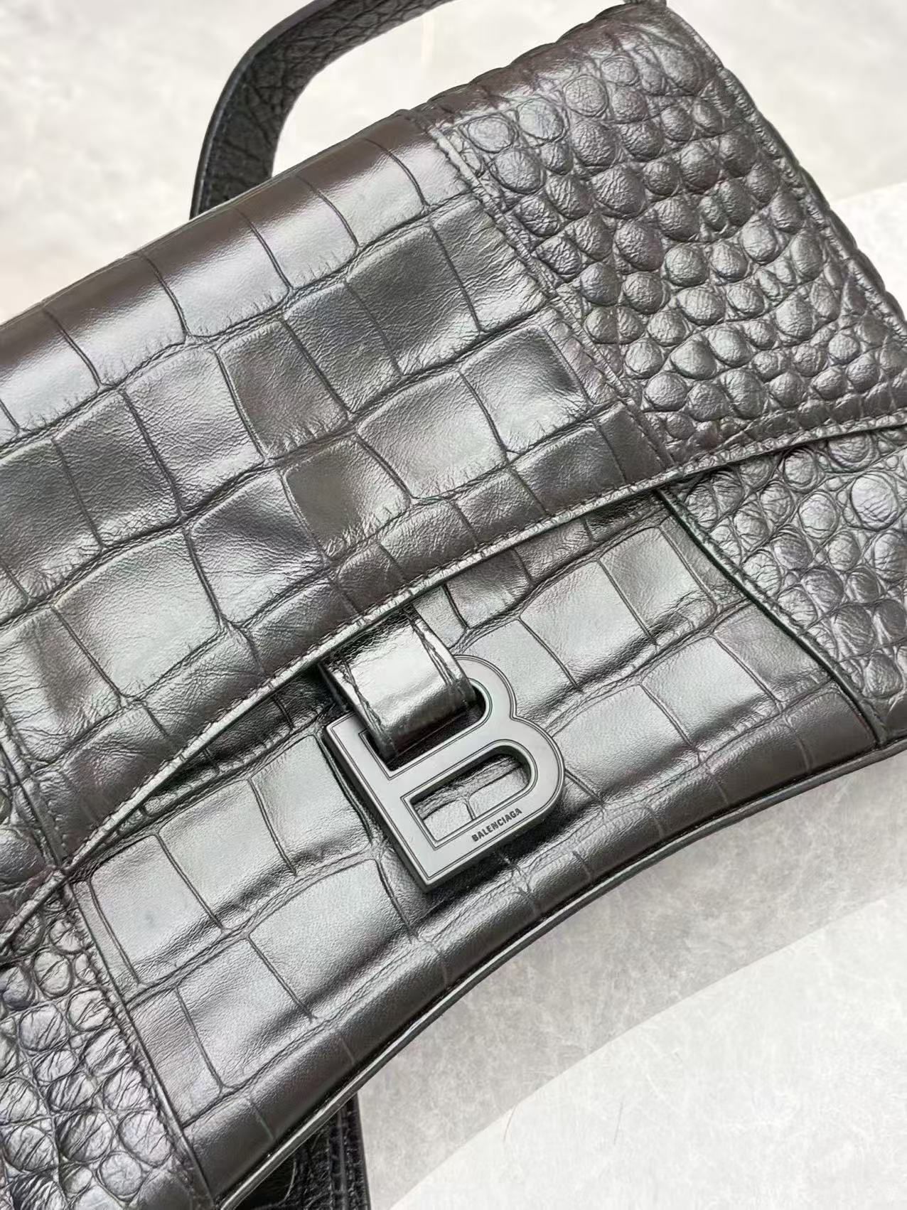 Balenciaga Downtown Small Shoulder Bag in black crocodile-embossed calfskin leather