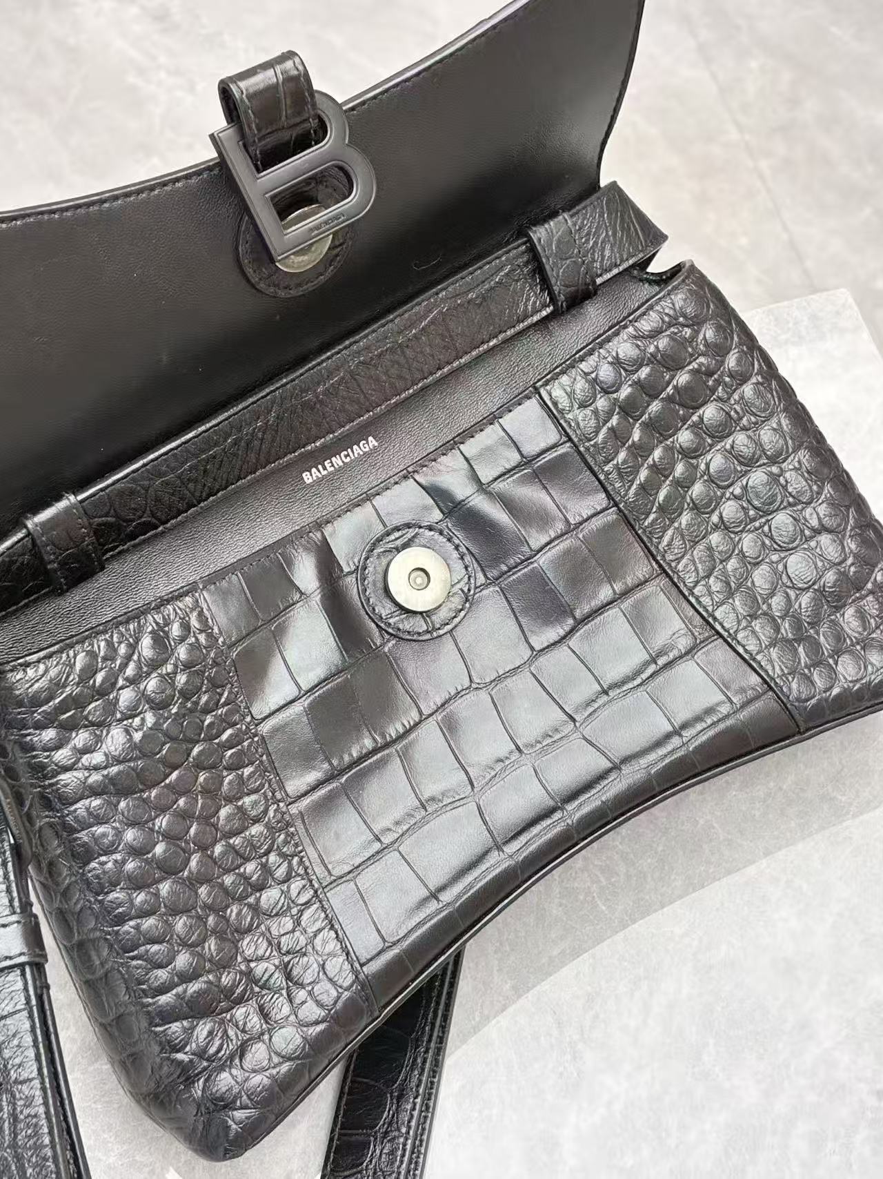 Balenciaga Downtown Small Shoulder Bag in black crocodile-embossed calfskin leather