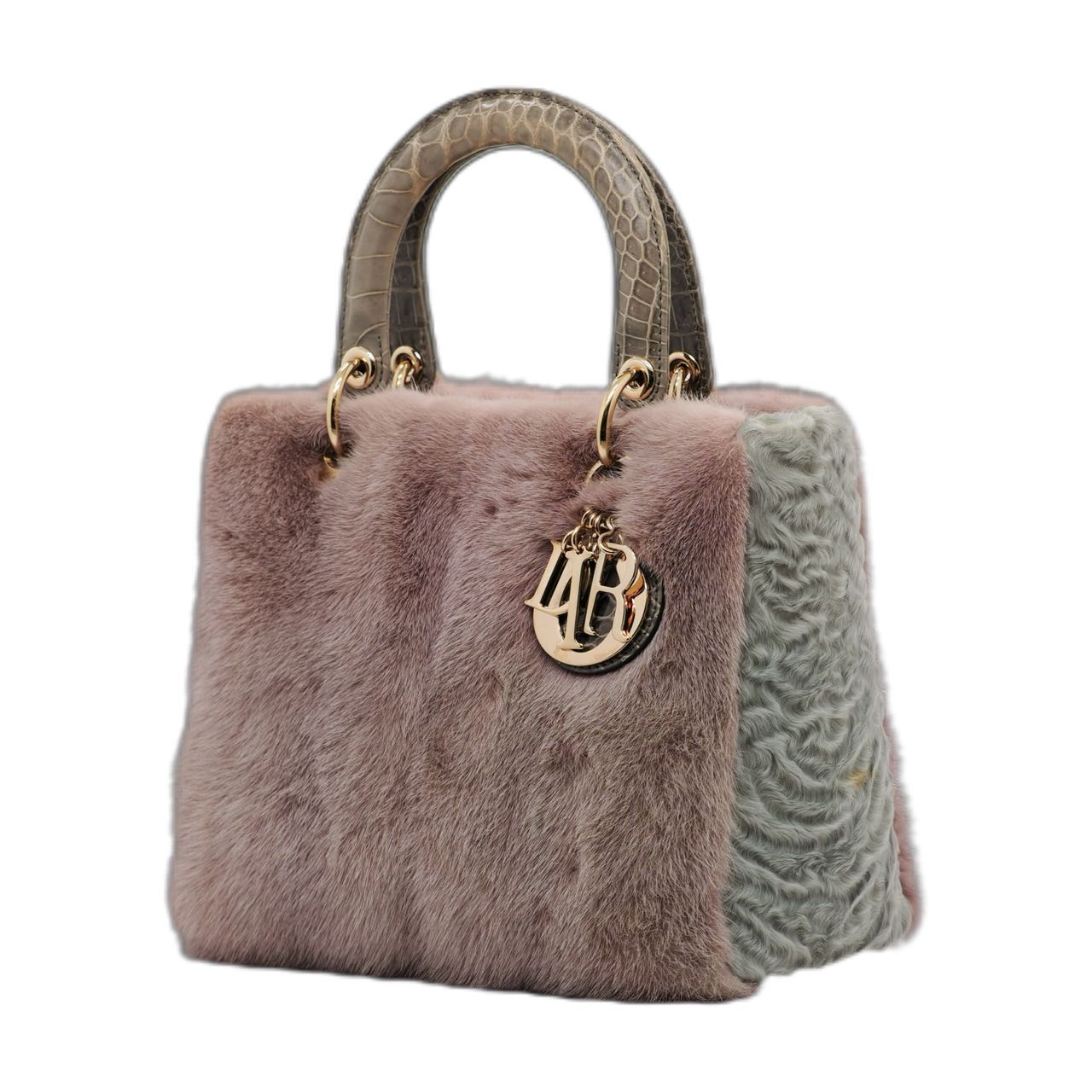 CHRISTIAN DIOR Medium Lady Bag Mink/Glossy lambskin/Crocodile handle (Pink/ Grey)