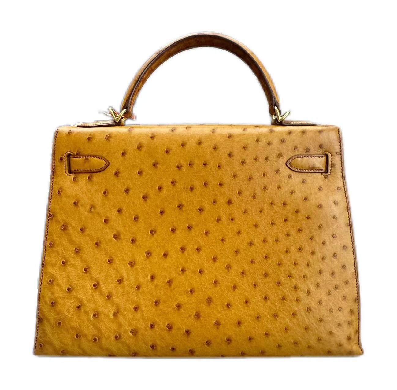 HERMÈS Kelly 28 Ostrich GHW Cognac (dark gold) Square D Stamp