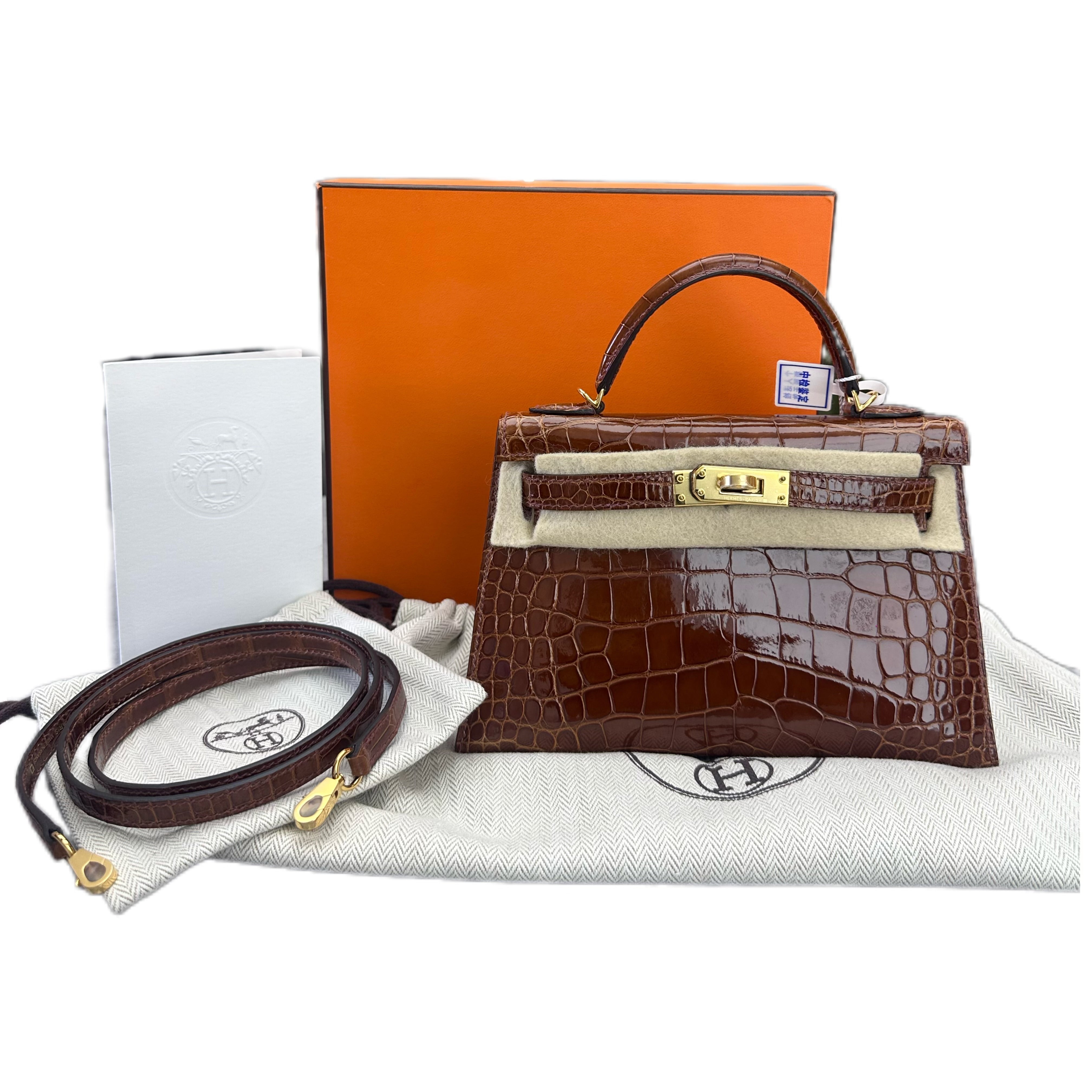 Hermès Mini Kelly II Sellier in MIEL (BROWN) Shiny Alligator GHW B Stamp